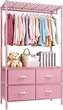 Raybee Clothing Rack with 4 Drawers and Shelves, Heavy Duty Clothes Rack for Hanging Clothes,Portable Closet,Metal, Sturdy,Pink