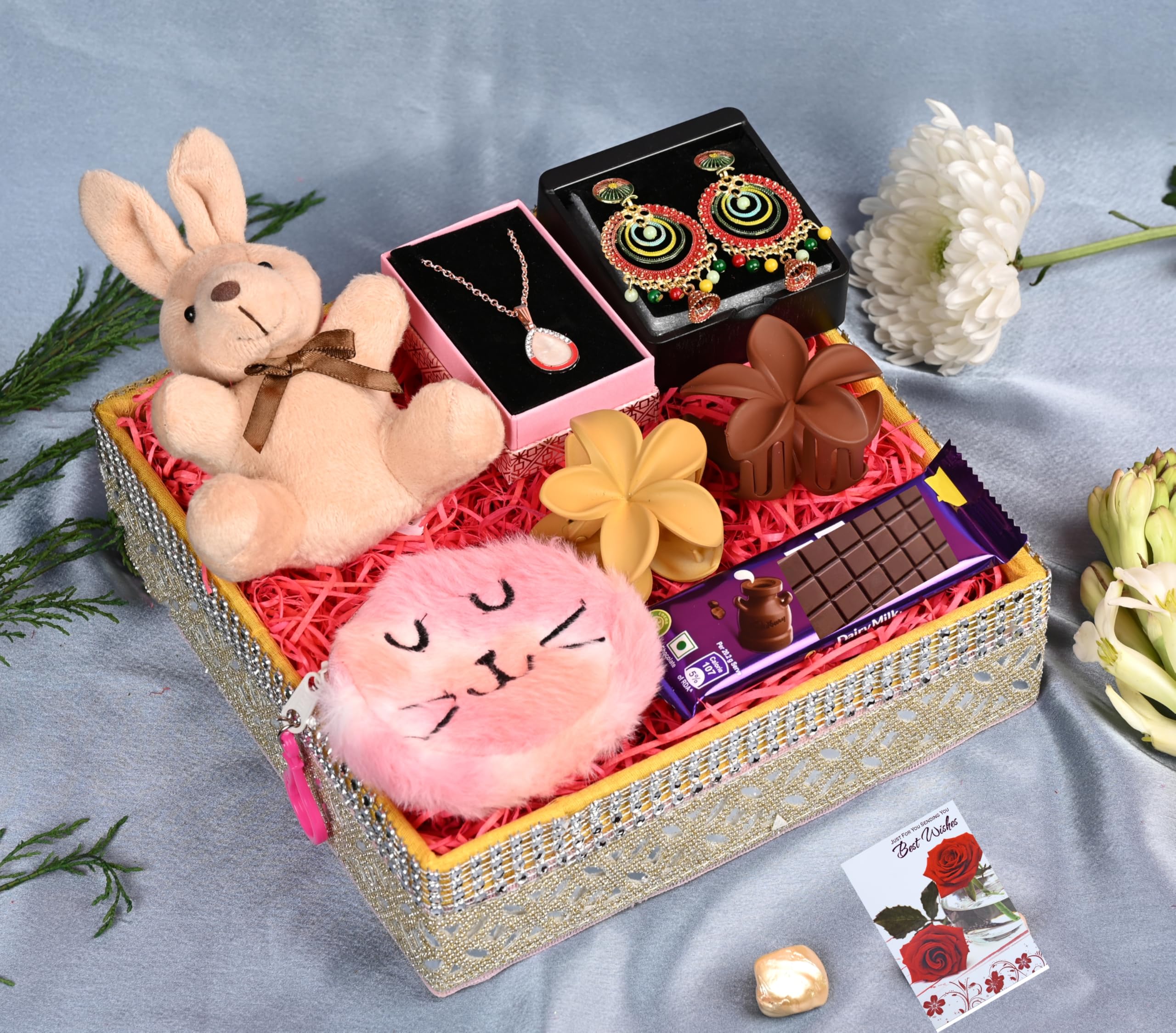 Rakhi gift for girls/rakhi gift for cute sister/rakshabandhan gift for sister-Decorated hamper+Milk chocolate+Kitty purse+pair of earrings+2 clutchers+Pendent set+Teddy bear Keychain+Card-image-39