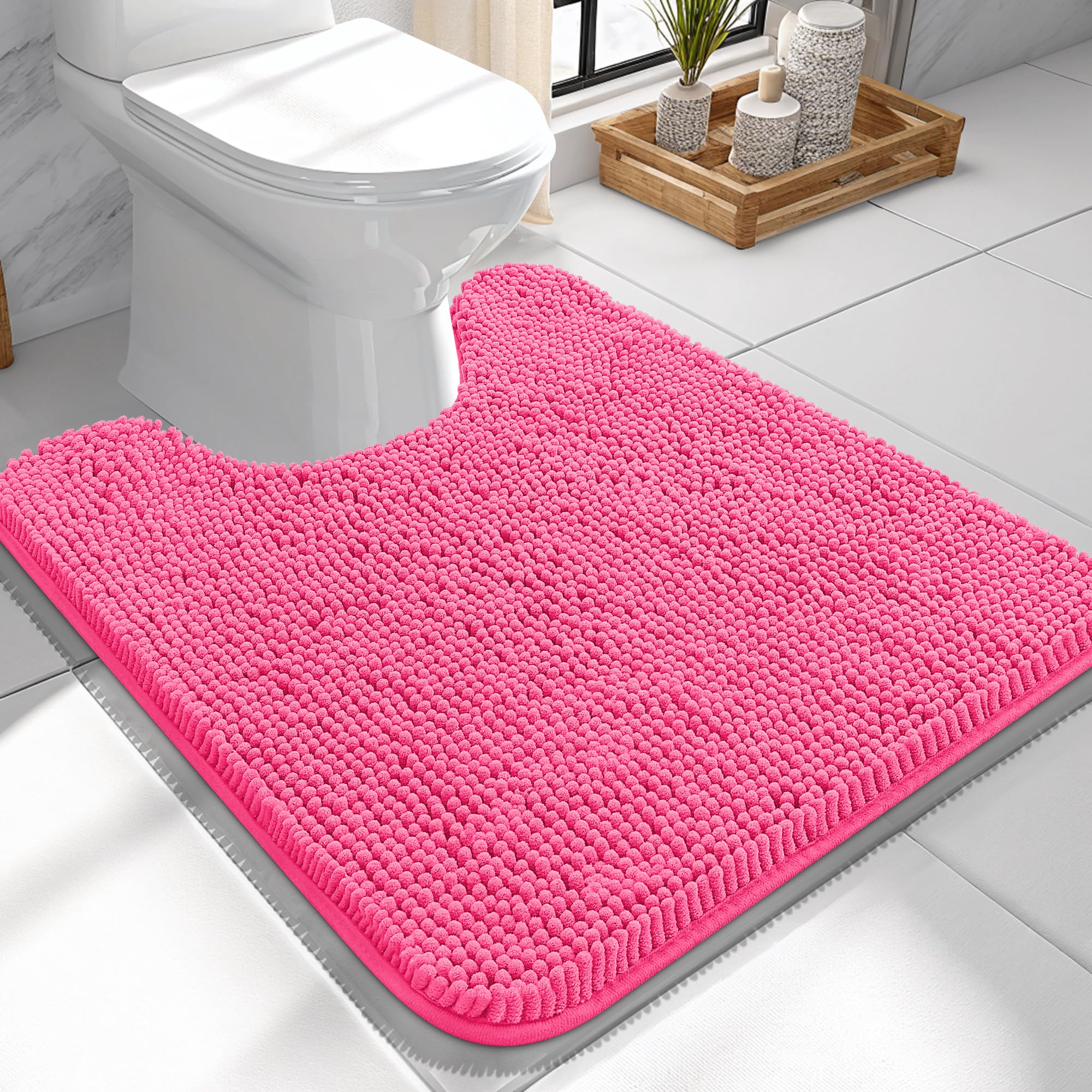 OLANLY Toilet Rugs U-Shaped 24x24, Soft Absorbent Chenille Contour Rugs | Hot Pink, Quick-Drying Rubber Backing, Machine Washable Non-Slip Shaggy Bathroom Mat for Toilet, Home Decor Accessories