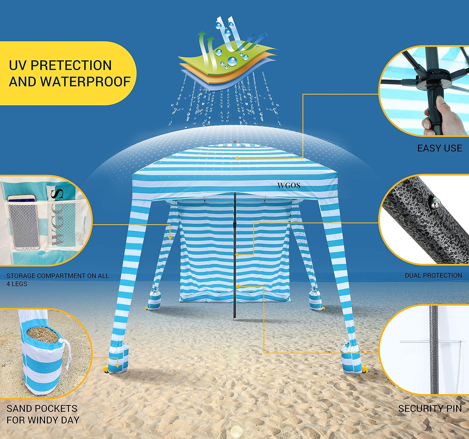 Beach Tent Beach Canopy Beach Cabana with One Side Detachable Cover Large Space 6ftx6ft Waterproof and UPF UV 50+++ Sun Protection for Beach, Lake, Outdoor Camping Beach Umbrella (Blue Stripe)