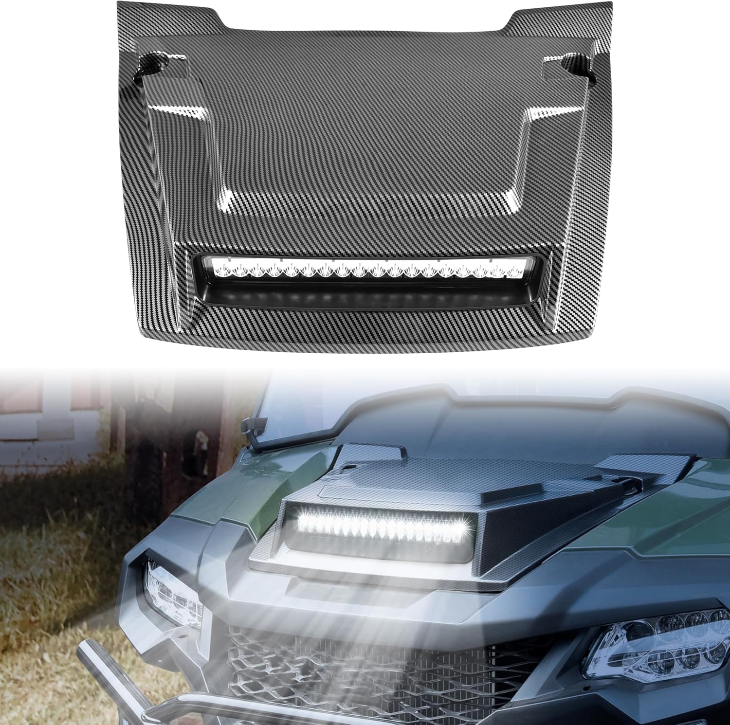 SAUTVS Hood Scoop with LED Spotlight for Honda Pioneer 700-2 700-4 2014-2025, Carbon Fiber Pattern Front Hood Cover with LED Auxiliary Light Kit Accessories, Easy Installation