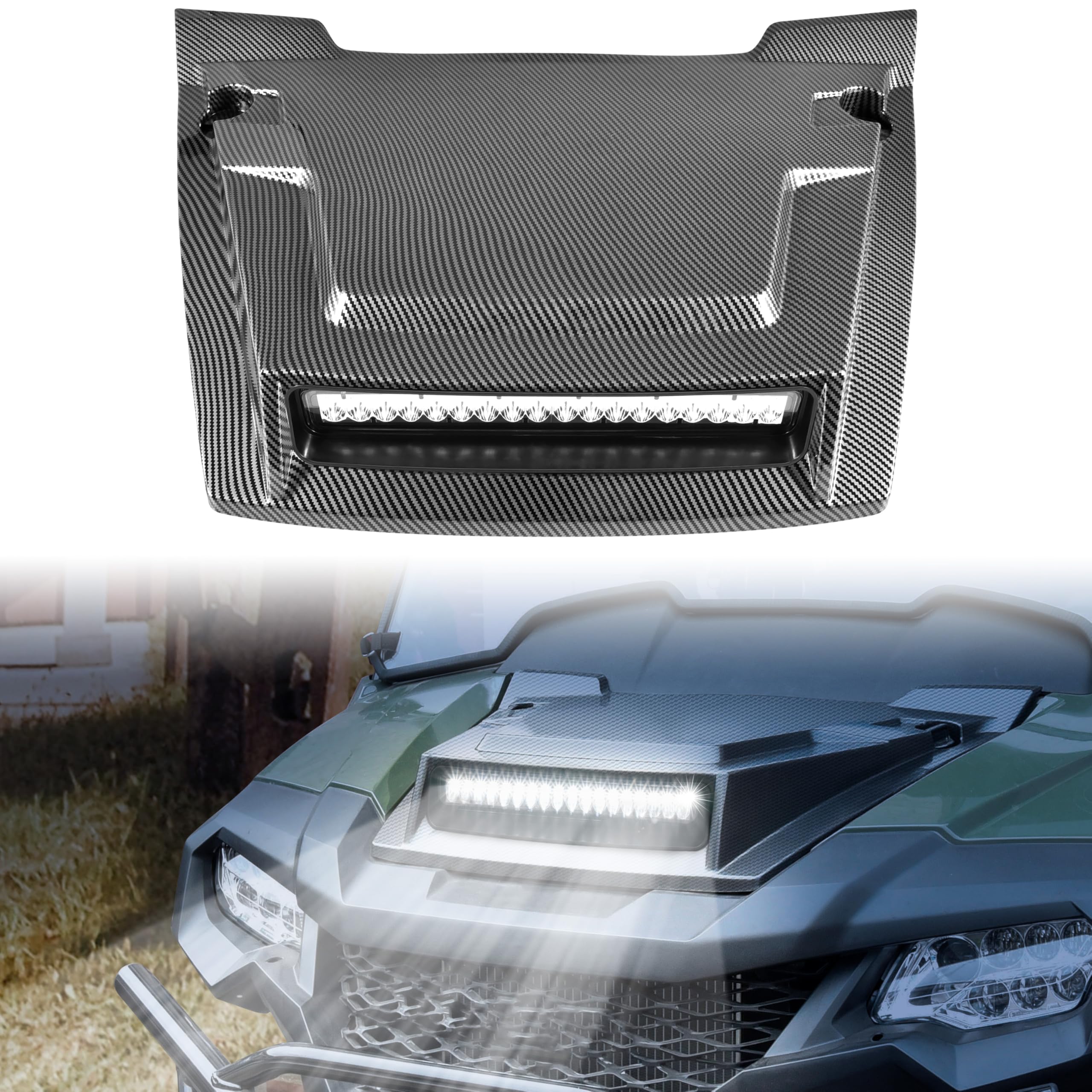 SAUTVS Hood Scoop with LED Spotlight for Honda Pioneer 700-2 700-4 2014-2025, Carbon Fiber Pattern Front Hood Cover with LED Auxiliary Light Kit Accessories, Easy Installation