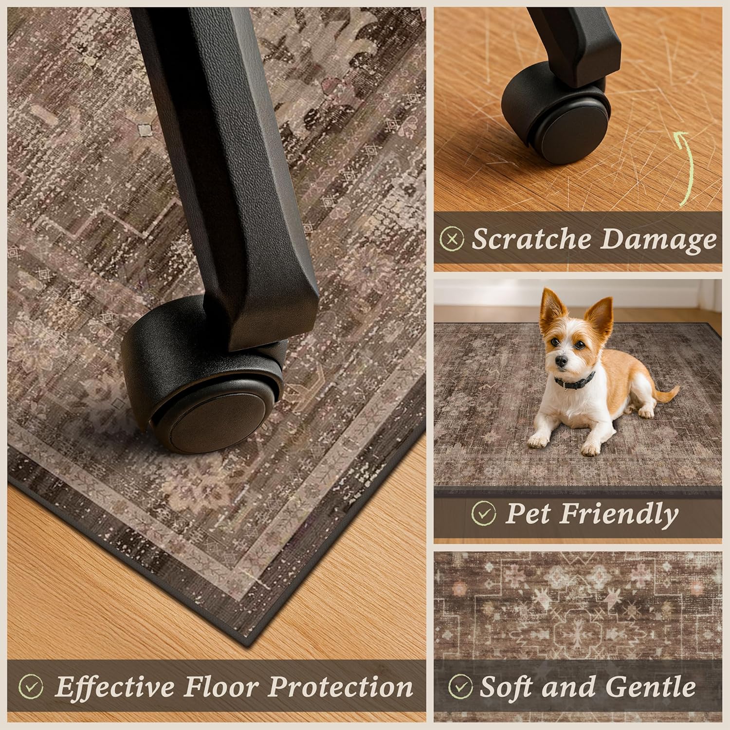 Brown Boho Office Chair Mat for Hard Wood Floors, Anti-Slip Floor Protector for Heavy Duty Computer Chair, 48"x60" Ultra Soft Low Pile Under Desk Rug, Easy to Clean, Taupe