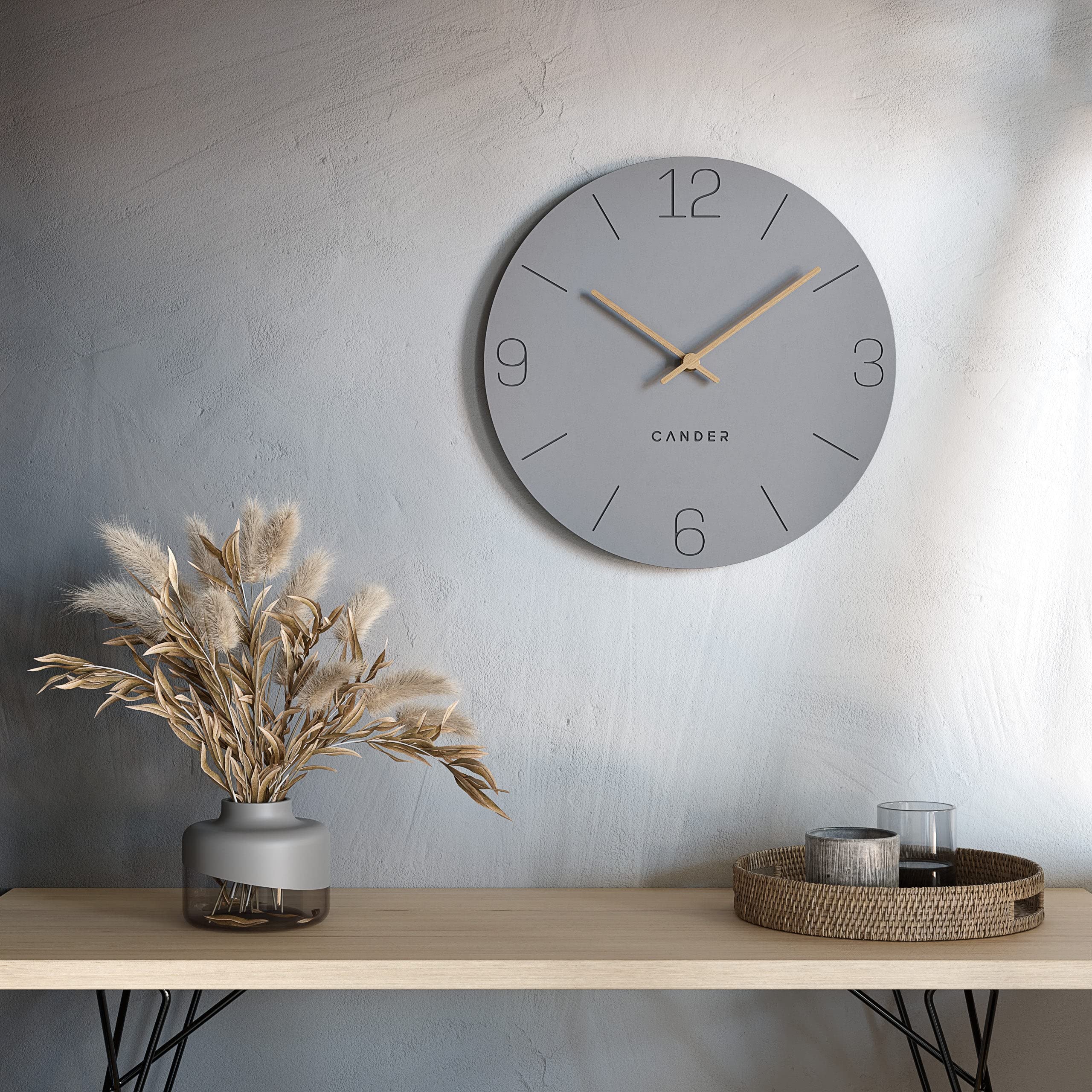 Cander Berlin MNU 2650 H XXL Wanduhr lautlos 50 cm ohne Tickgeräusche analog Wohnzimmer modern Vintage grau Holzzeiger groß