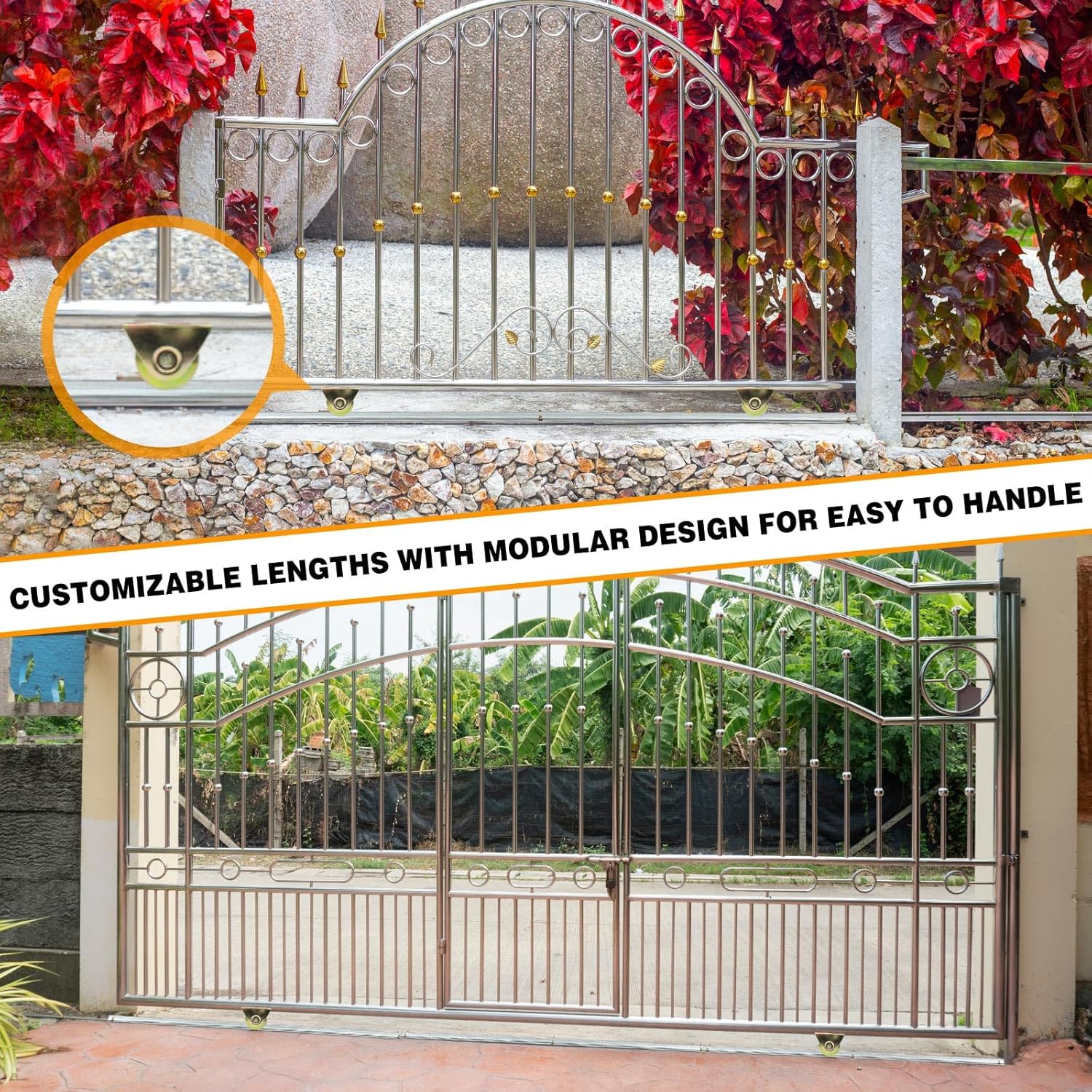 24 ft Sliding Gate V Track Kit 3mm Thick Galvanized Inverted V Rail with 2 Pack 3" V-Groove Wheels, 4 x 6ft Sections Heavy Duty Driveway Gate Track System