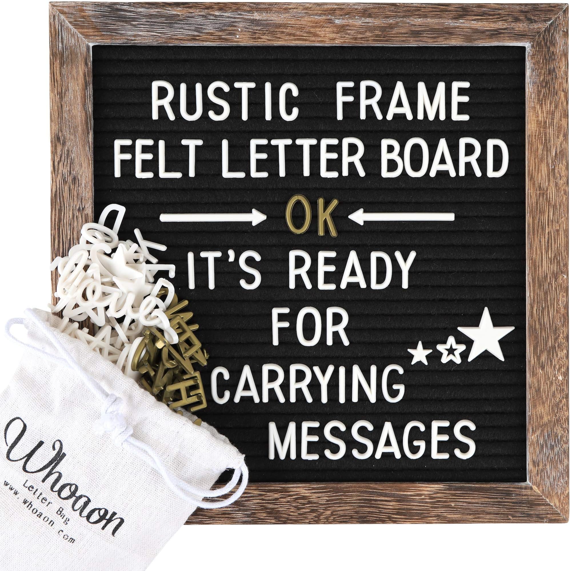 Rustic Wood Frame Black Felt Letter Board 10x10 inches. Pre-Cut White & Gold Letters, Symbols, Emojis, Simple Cursive Words + 2 Letter Bags, Scissors, Vintage Stand. by whoaon