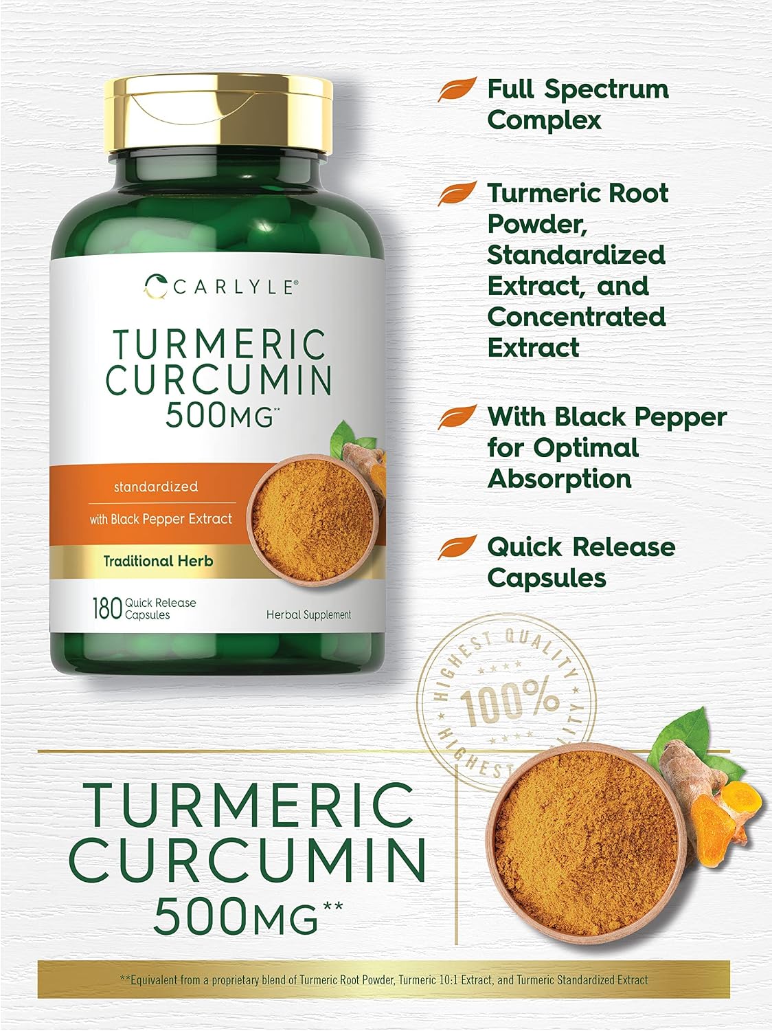 Carlyle Turmeric Curcumin with Bioperine | 500 mg | 180 Powder Capsules | Joint Support Complex with Black Pepper | Non-GMO, Gluten Free Supplement