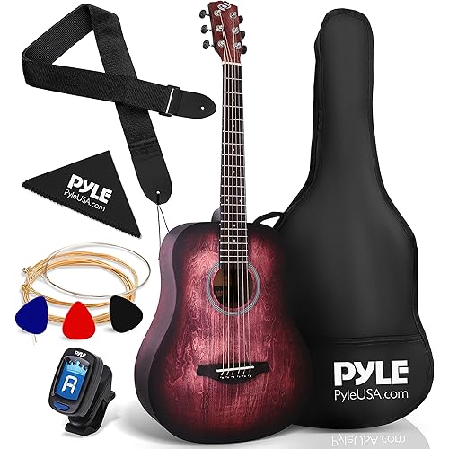 Pyle Acoustic Guitar Kit, 1/2 Junior Size All Wood Steel String Instrument for Beginner Kids, Adults, 34" Crimson Burst Matte