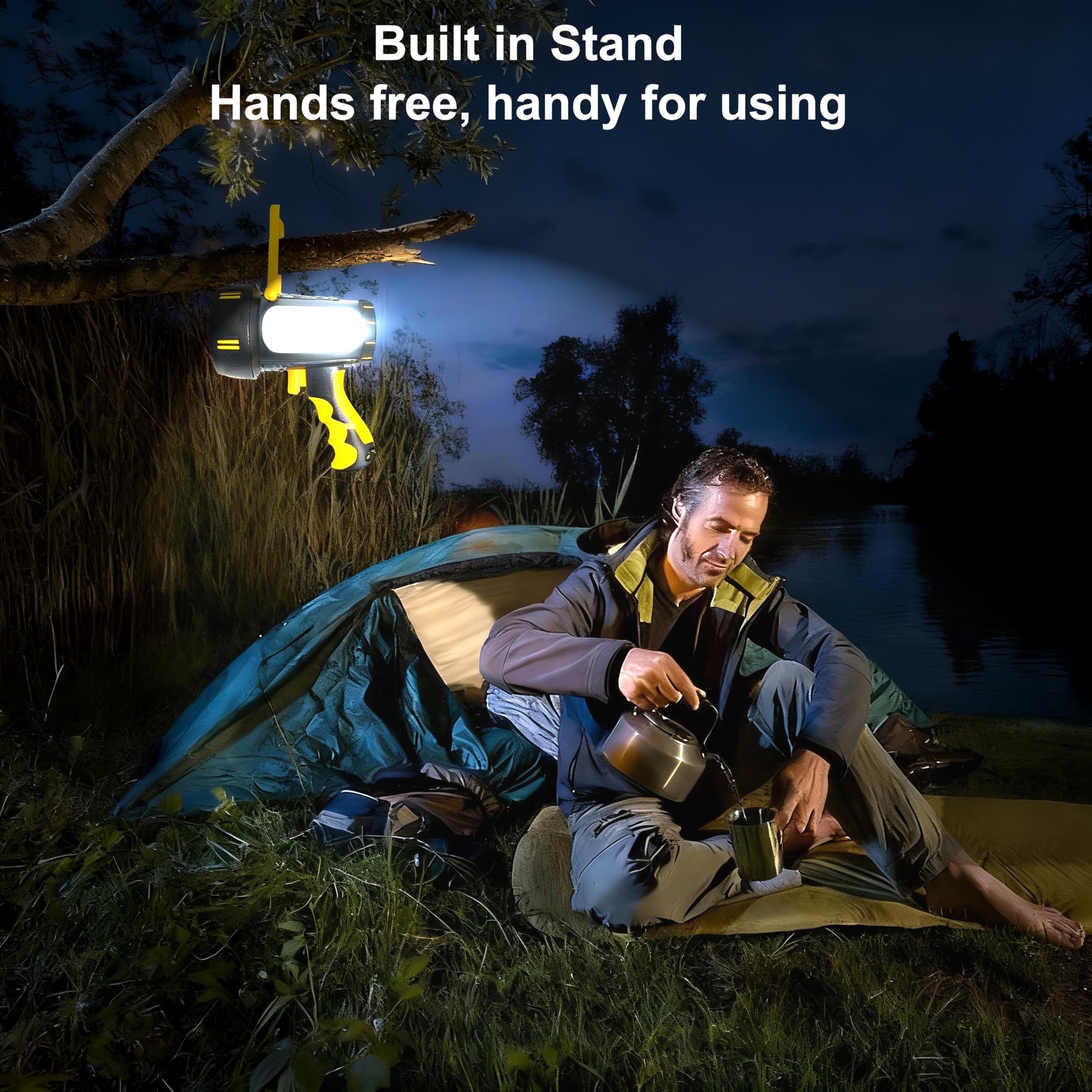 Foco recargable de 1650 lm y haz de 900 m con potente linterna de 13000 mAh, luz de búsqueda de mano impermeable IP67 para caza, camping, emergencia, regalo para papá con luz de advertencia