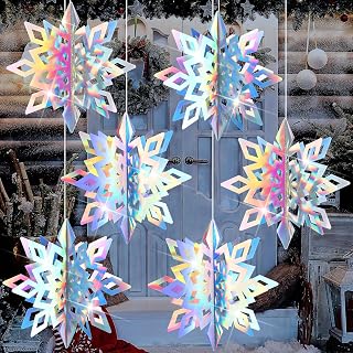 Syhood 6 Pcs 12 Inch Winter Large Hanging Snowflake Decoration Iridescent Christmas Outdoor 3D Holographic Paper Giant Craft Snowflake Ornament for Winter Christmas Wonderland Party Decor