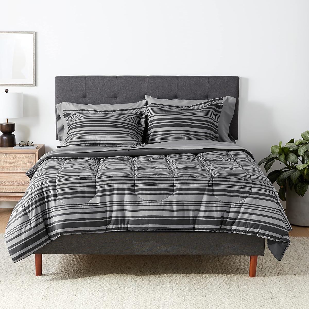 Full/Queen Comforter Set with Sheets, 7-Piece Gray Calvin Stripe Bedding, Lightweight Microfiber Bed-in-a-Bag, Striped