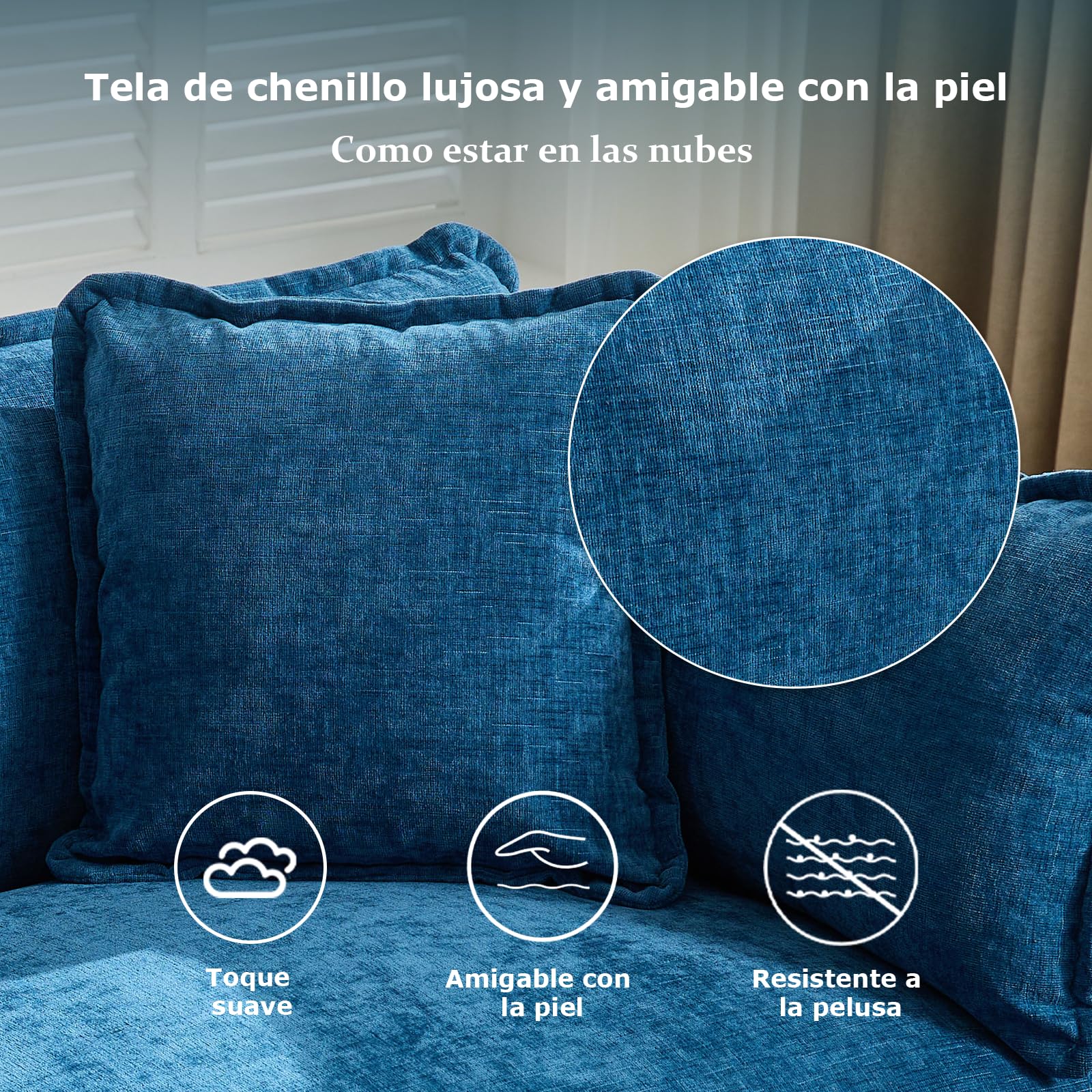 Sofá de salón Modular L 3 plazas 289cm, Chenilla Azul con Cojines Dobles | Tejido suave, resistente y transpirable, incluye cojines y reposabrazos. Ideal para salón, dormitorio y apartamento.