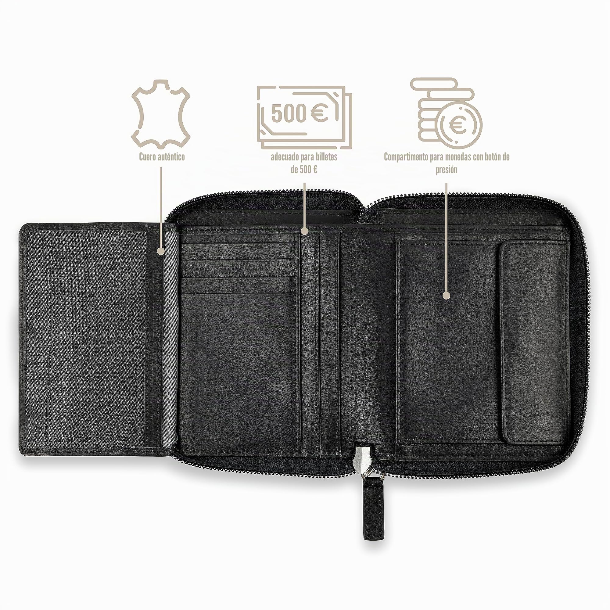 bugatti Primo Cartera para Hombre con Cremallera, 8 Tarjetas y Monedero, en Piel - Negro