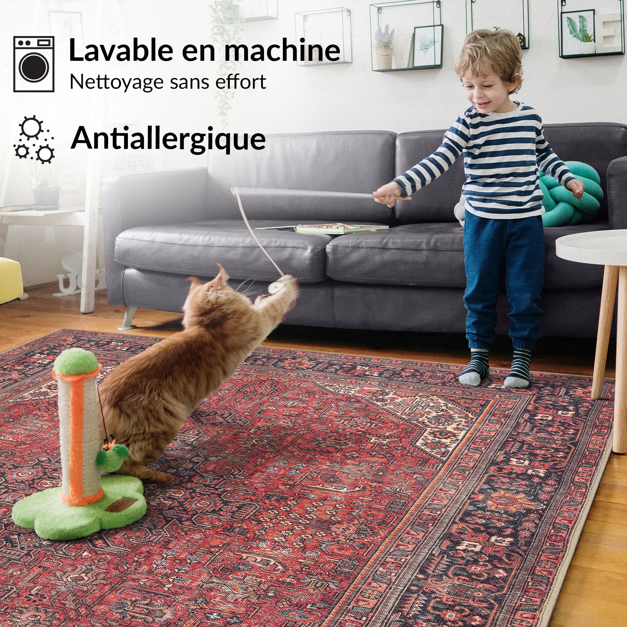 artyrugs Tapis Lavable en Machine, 152x213cm, 75% Coton Recyclé, Poils Courts, Dos Antidérapant, Ne Perd Pas Ses Fibres, Tapis pour Salon, Chambre, Cuisine, Couloir, Bureau, Rouge Carmin
