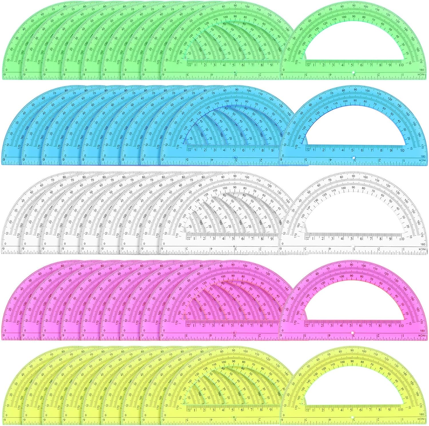 100 Pack Bulk Translucent Plastic Protractors 6 Inch 180° Geometry Angle Measure - 5 Colors for School Office