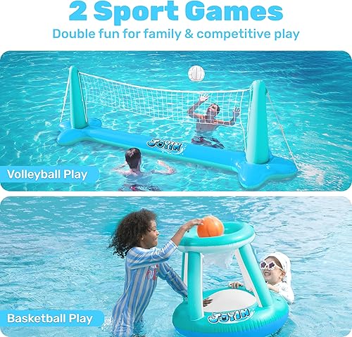 Miniatura 2 de JOYIN Juego de flotador inflable para piscina, red de voleibol y aros de baloncesto, juguete flotante de natación para niños y adultos, flotadores