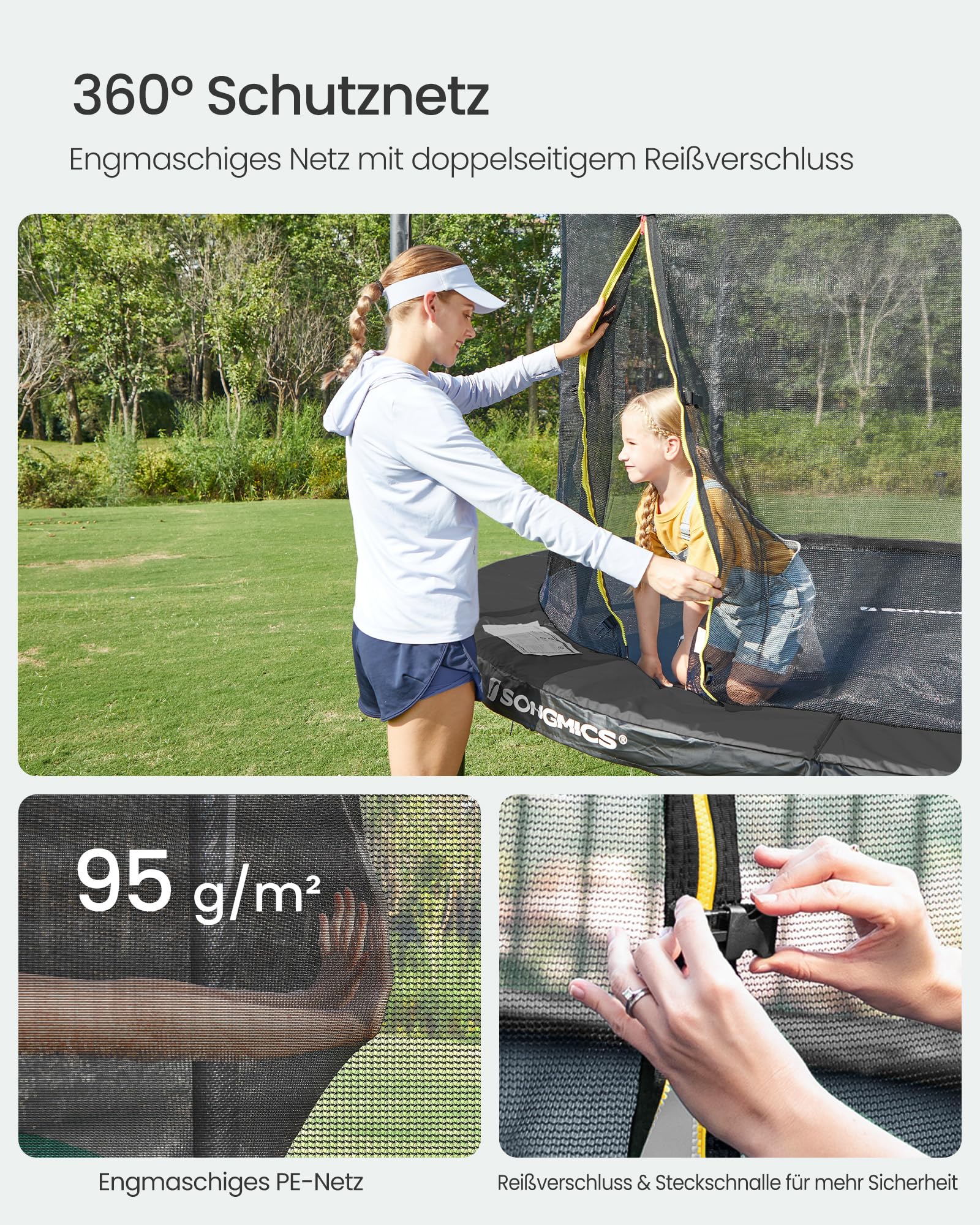 SONGMICS Trampolin Outdoor Kindertrampolin Ø 244/305/366/427 cm, rundes Gartentrampolin Sicherheitsnetz und Leiter, Randabdeckung, gepolstertes Gestell