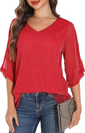GUANYY Womens Ruffle 3/4 Sleeve Chiffon Tops Casual V Neck Double Layers Sheer Blouses Business Work Dressy Shirt S-XXL