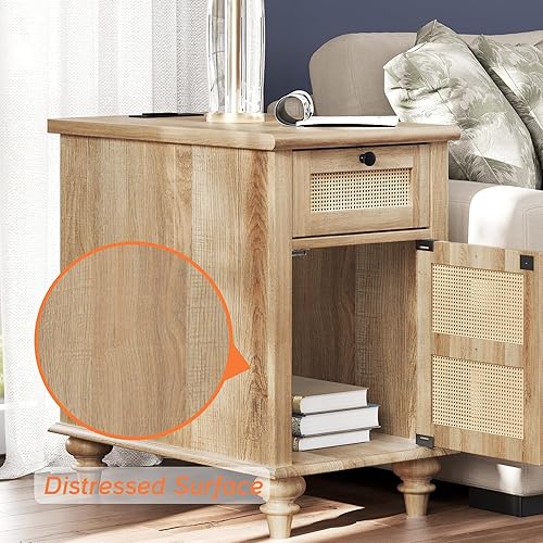 Miniatura 7 de WAMPAT Juego de 2 mesas auxiliares de ratán con estación de carga, mesas auxiliares altas con cajón y armario de almacenamiento, mesita de noche de