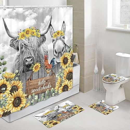 Torich Juego de cortinas de ducha divertidas de vaca, burro de vaca, granja, animal occidental, pollo con flores en la valla, girasol, accesorios de