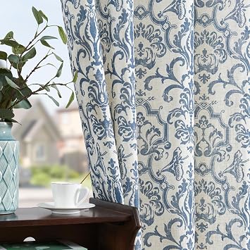 jinchan Curtains for Bedroom, Light Filtering 84 Inch Length 2 Panels Set, Baroque Style Linen Blend Drapes Living Room, Vintage Damask Window Treatments, Grommet Top Slate Blue on Flax, W52 X L84