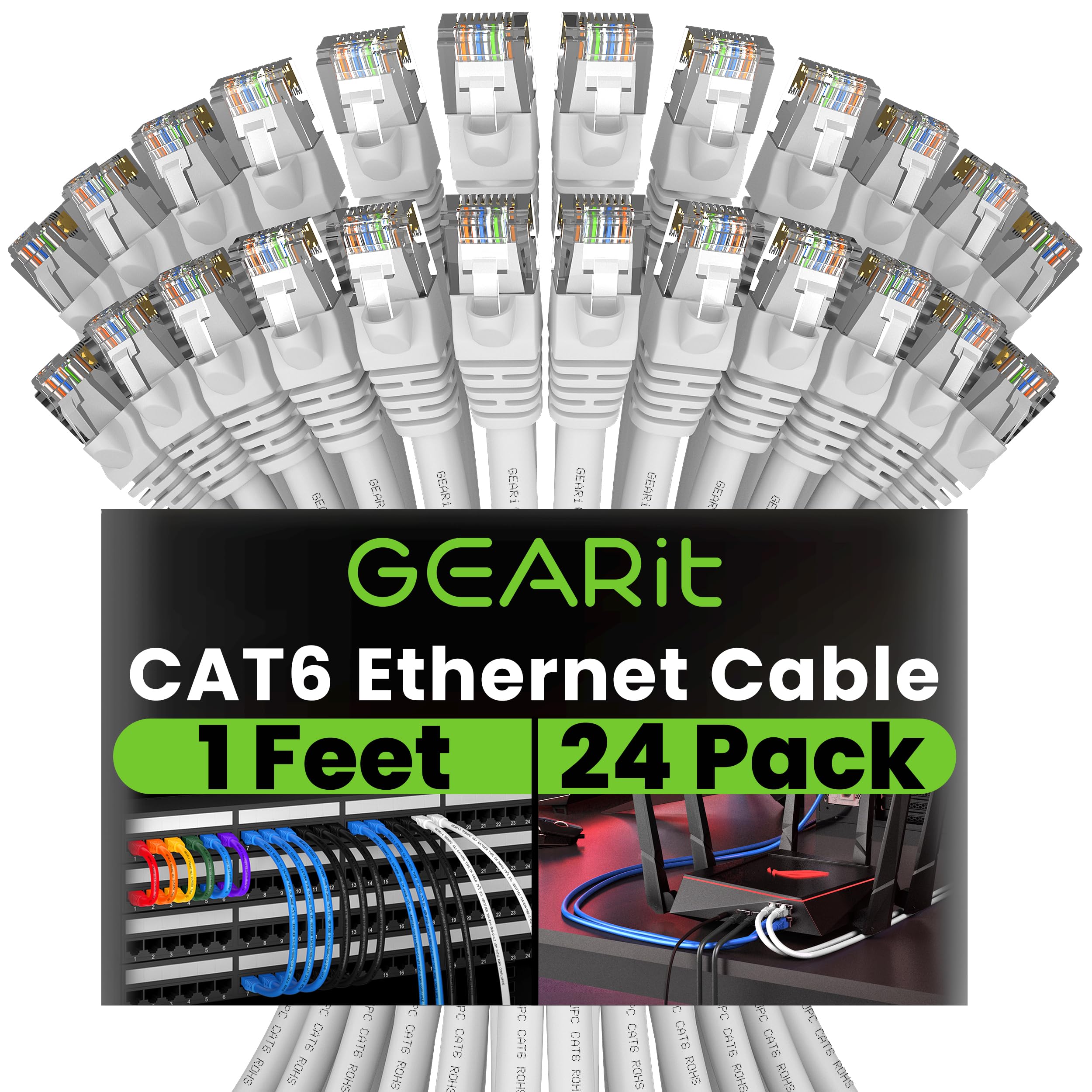 GEARit Cat 6 Ethernet Patch Cables 1 ft White (Cat 6 Ethernet Cables 1 ft 24-Pack), High Speed 24AWG 10Gbps RJ45 Snagless Gold-Plated, Ethernet Cable for Router, Switch, PC, PS5 Gaming, Server