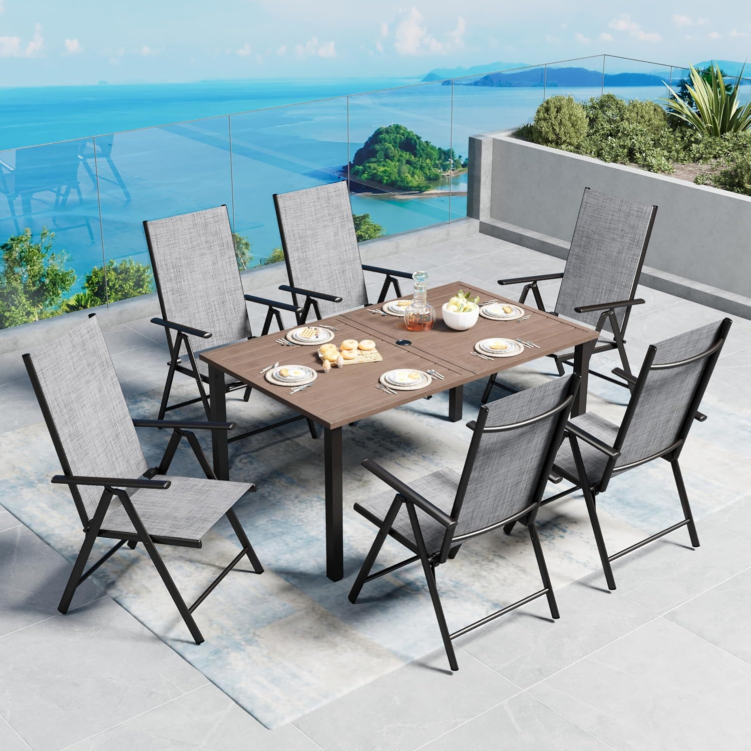 SUNSHINE VALLEY 7 Piece Outdoor Patio Dining Set for 6, 7 Levels Adjustable Foldable Patio Chairs and Patio Table with Umbrella Hole for Garden，Lawn,Deck and Backyard
