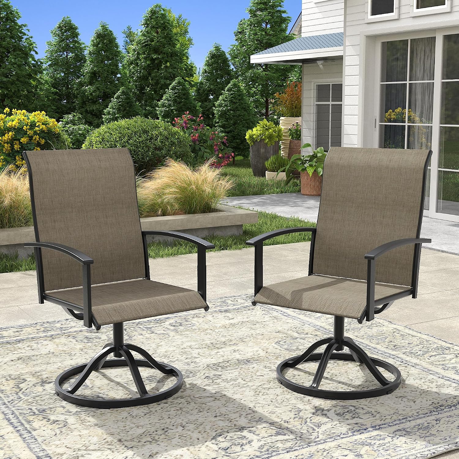VICLLAX Patio Swivel Chairs Set of 2, Outdoor Dining Chairs with Textilene Breathable Fabric and Seat & Metal Frame Patio Sling Chairs for Backyard Deck Lawn Garden, Mixed Brown
