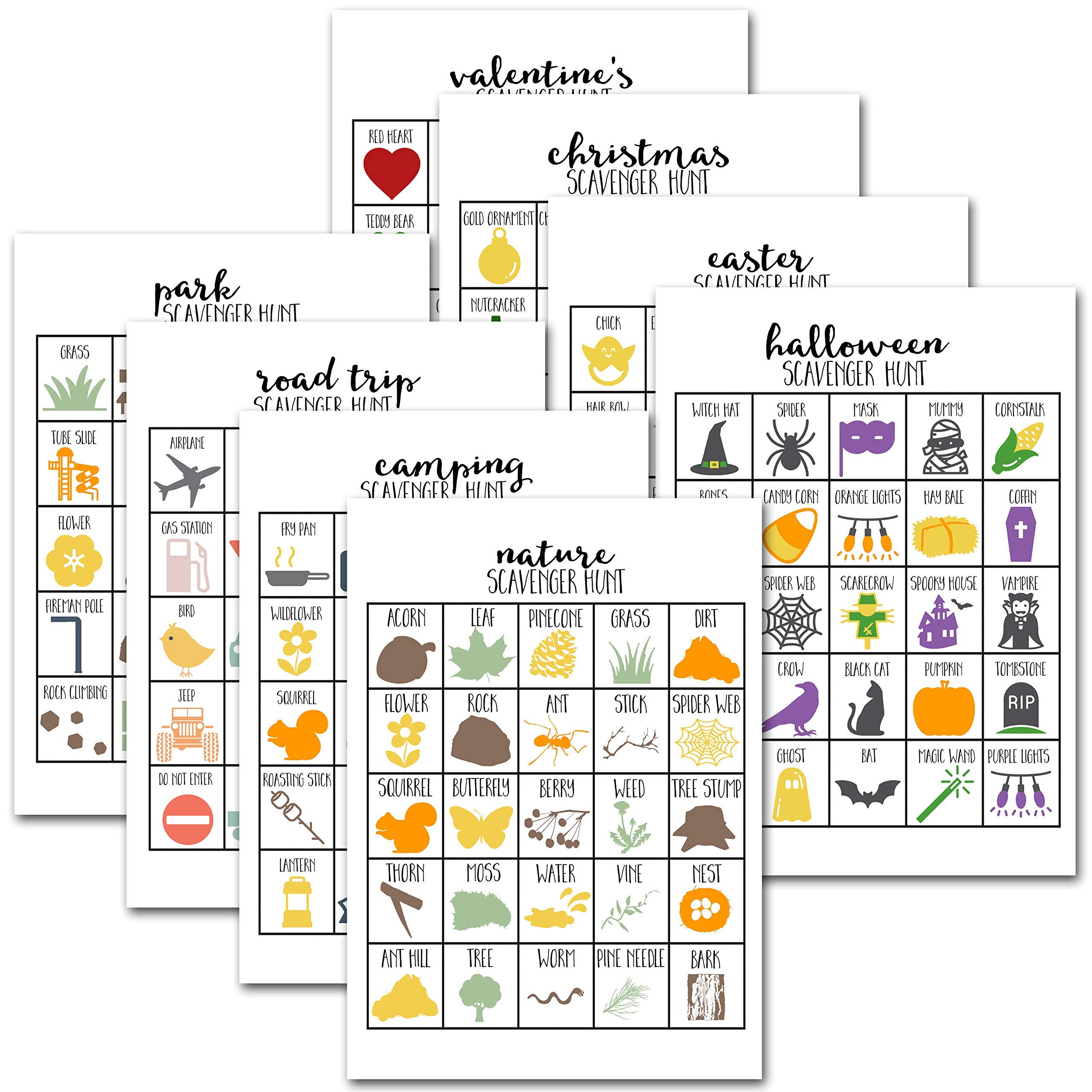 Variety Pack set of 20 Scavenger Hunt Games for Kids, Outdoor or Indoor, Road Trip, Travel Activities, Includes Dry Erase Markers and Cards, Family Game Night