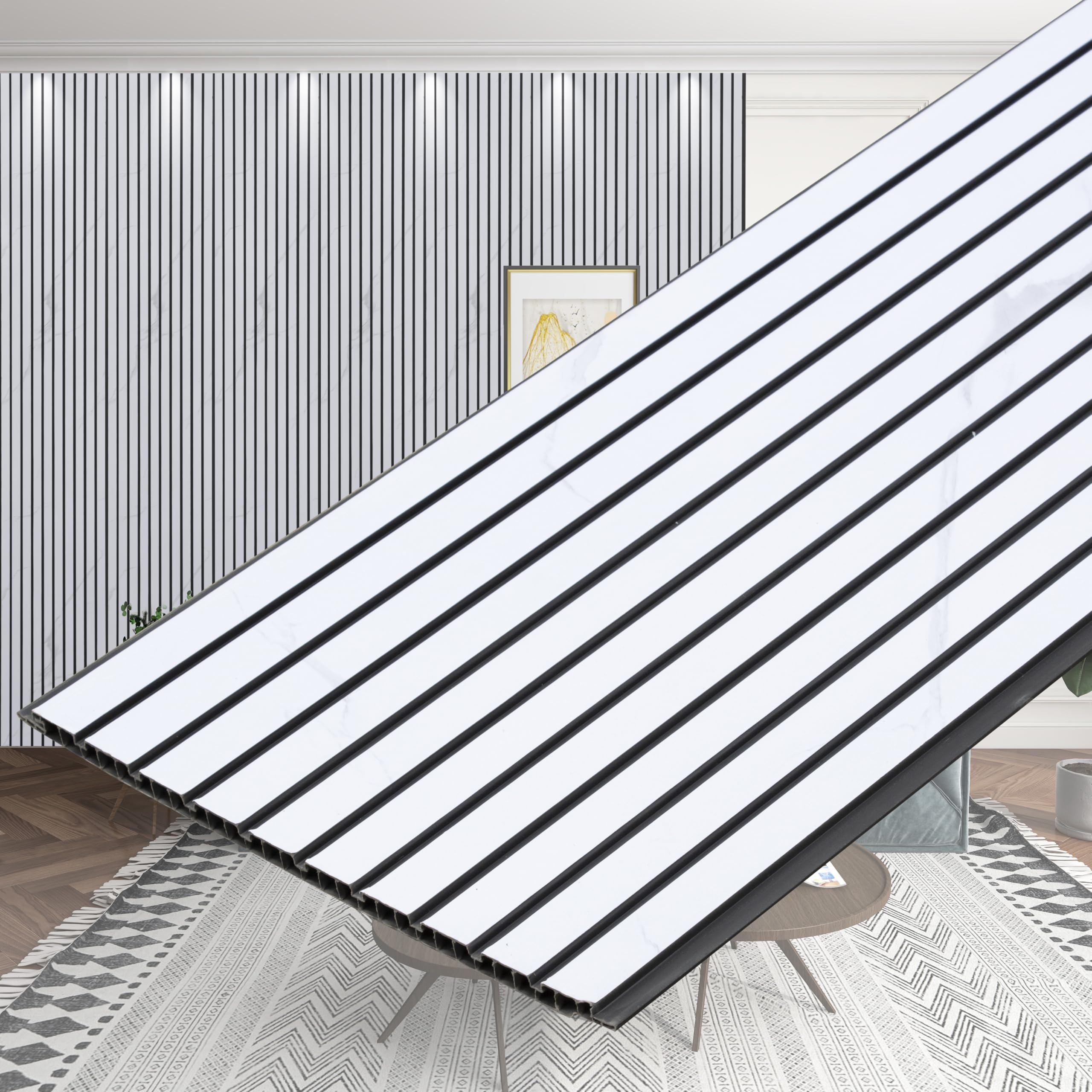 Plantex PVC Wall Panel/Louvers Panel for Wall/3d Wall Panel for Interior Wall Décor/Eco-Friendly Fluted Panel for Wall/- Pack of 5,Covers - 40 Sq. Ft (White & Black-8 Feet x 1Feet)