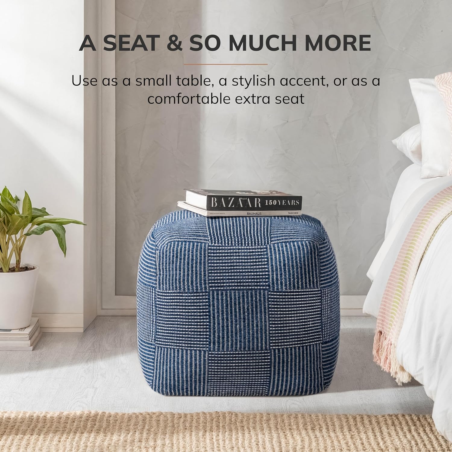 Anji Mountain Pouf Ottoman Foot Rest, Handmade Ottoman Pouf, Comfortable Foot Stool, Decorative Floor Seating for Living Room Decor, Bedroom & Home Décor Accent - Sailor Blue