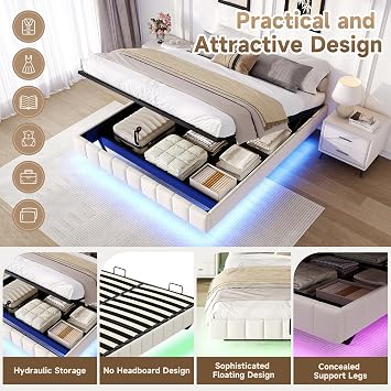 4ft6 Double Floating Bed Frame with Hydraulic Storage & Smart RGB LED Lights, No Headboard Upholstered Ottoman Lift Up Storage Bed with Solid Wood Slats, Linen Fabric Platform Bed, Beige, No Mattress