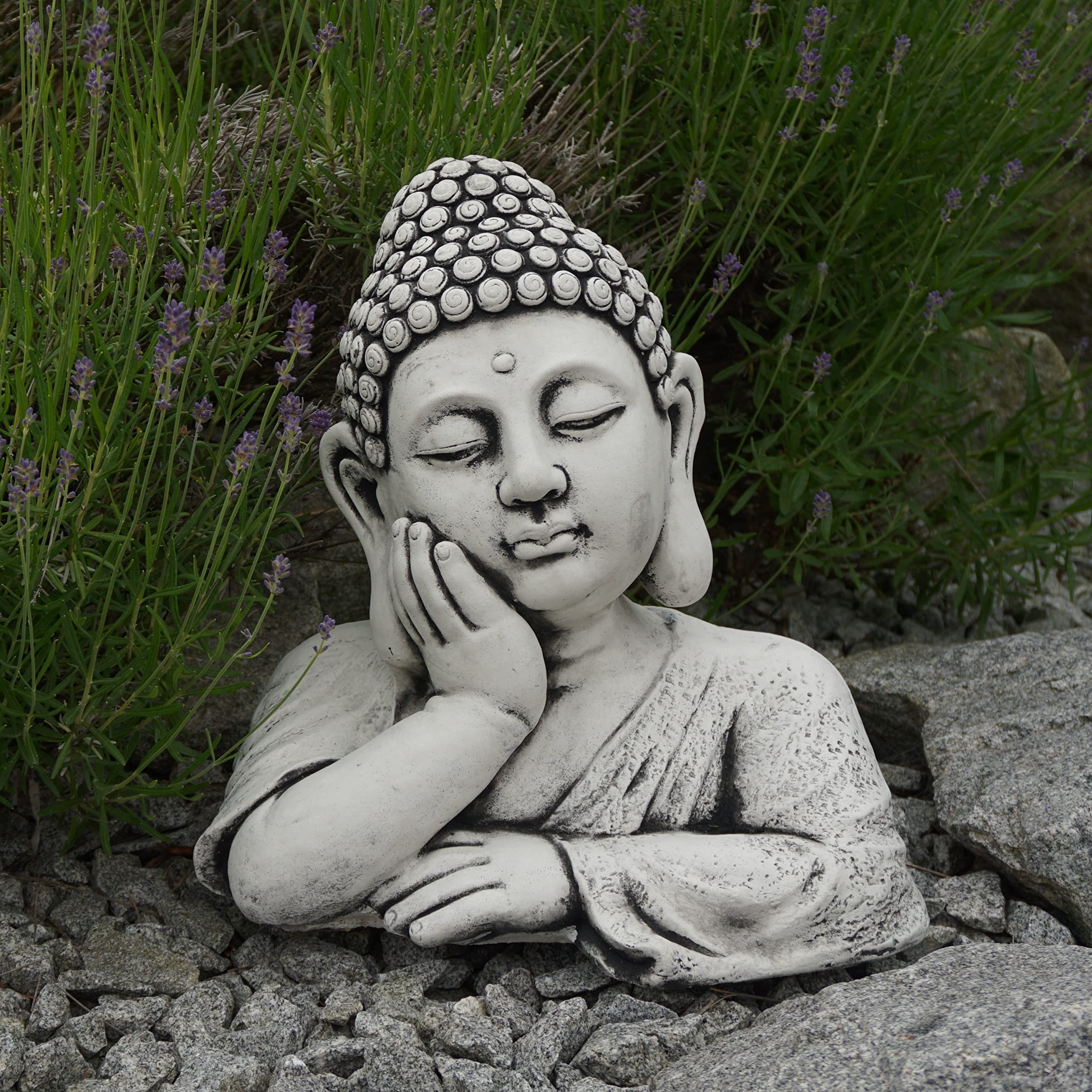 gartendekoparadies.de Buste de Bouddha imposant en pierre, H. 35 cm, 18 kg, gris, résistant au gel, en pierre coulée, pour l'extérieur