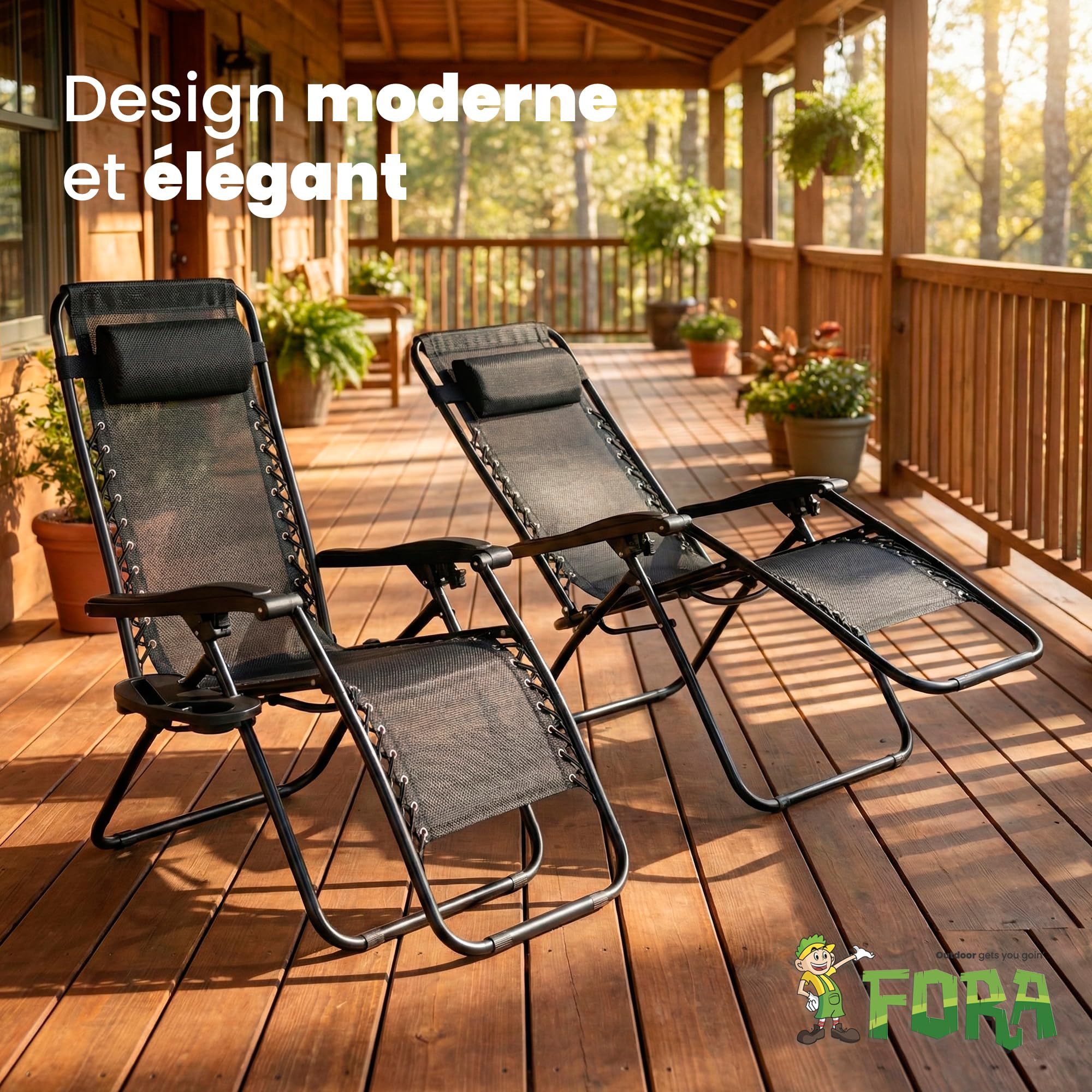 FORA Lot De 2 Chaises Longues de Jardin Pliables – 176×67×110 Cm, Tube 25mm et Toile Aérée, Noir, Inclinables avec Verrou De Sécurité, Coussin Inclus, Pliage Rapide, 120 Kg