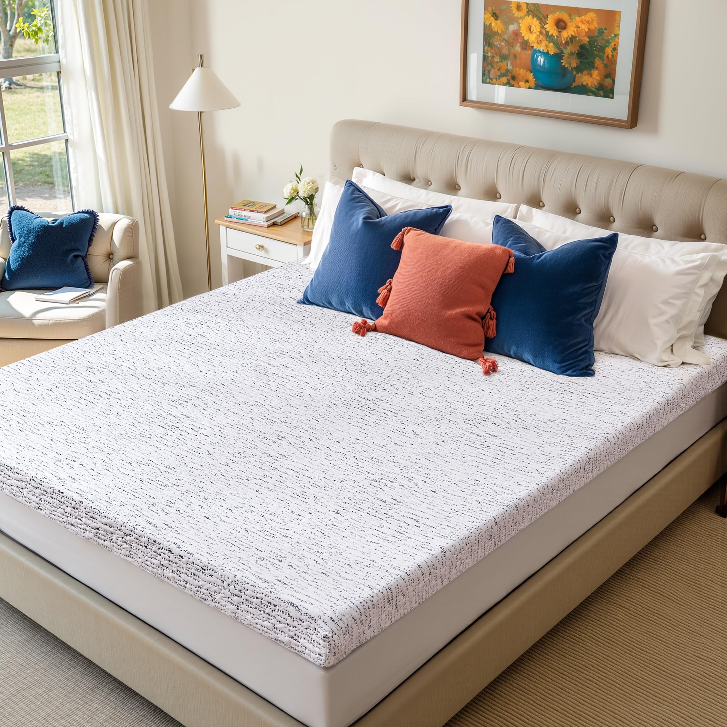 Subrtex Mattress Topper, King Memory Foam Topper with Cover, 4inch, White&amp;Grey