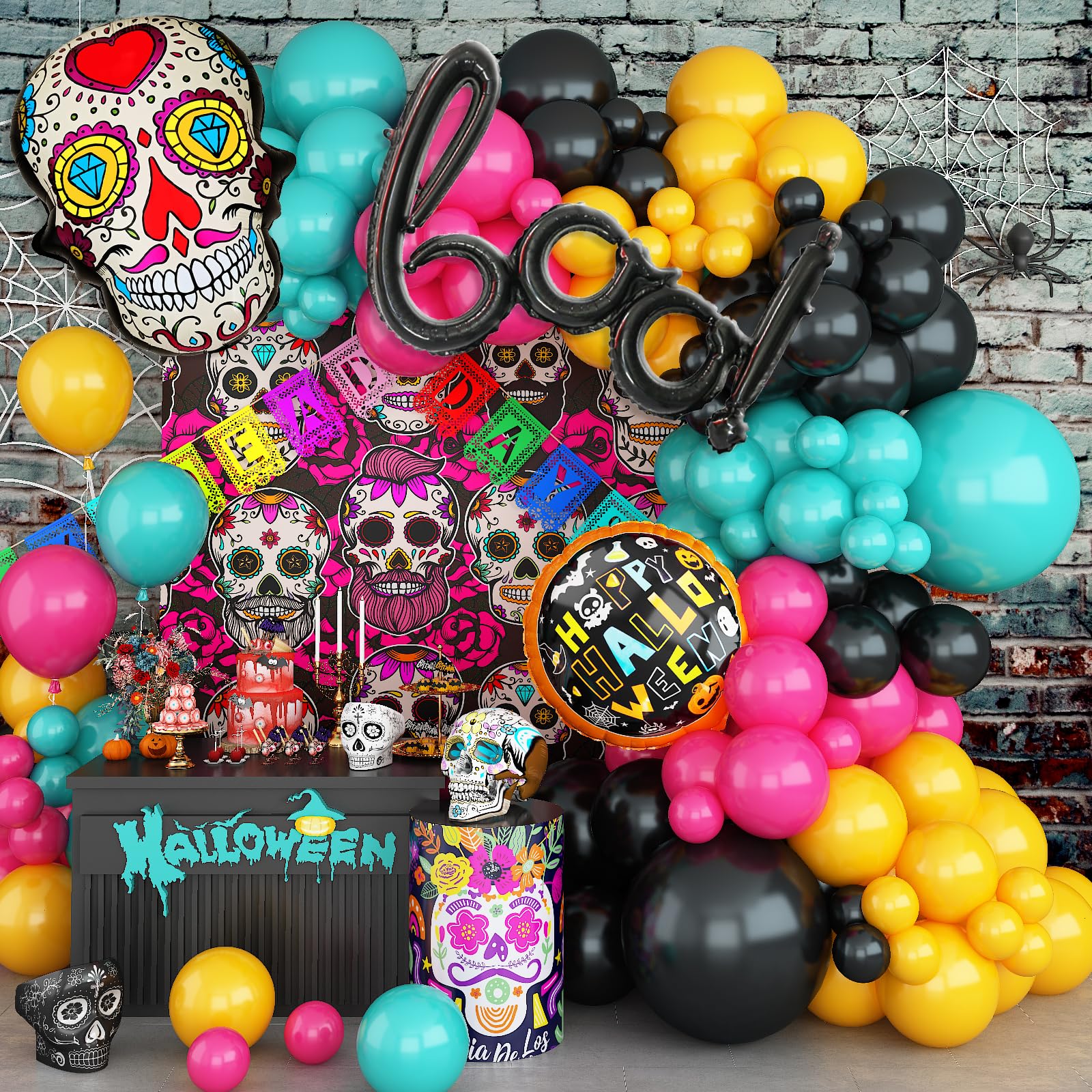 Day of the Dead Balloon Arch, Colorful Dia De Los Muertos Decorations Balloons Garland Kit with Sugar Mexican Skull BOO Round Halloween Foil Balloons