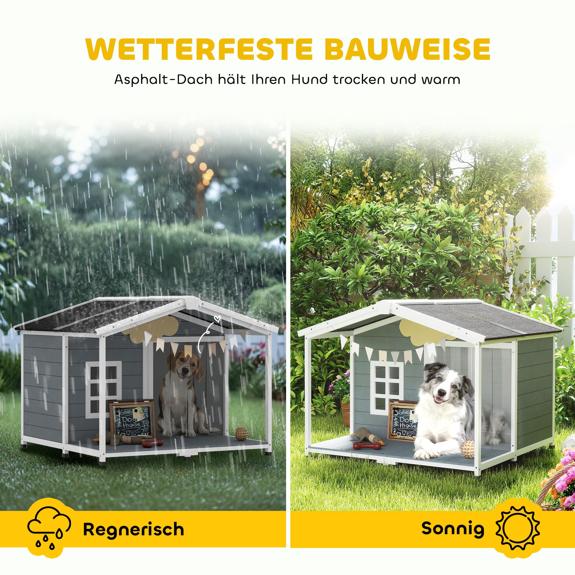 PawHut Buda dla psa z drewna wodoodporna z podwyższoną podstawą 103 x 107 x 83,5 cm, dach bitumiczny, taras, okno, dla średnich psów do 20 kg, szara