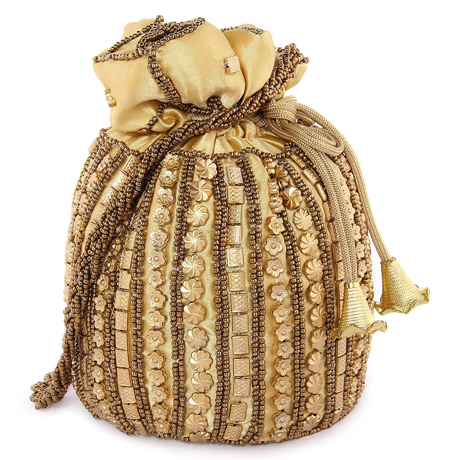 RKG HANDICRAFTS Women's Beautiful Potli Bag with Beadwork Satin Fabric available on Amazon (Single Bag,Golden)