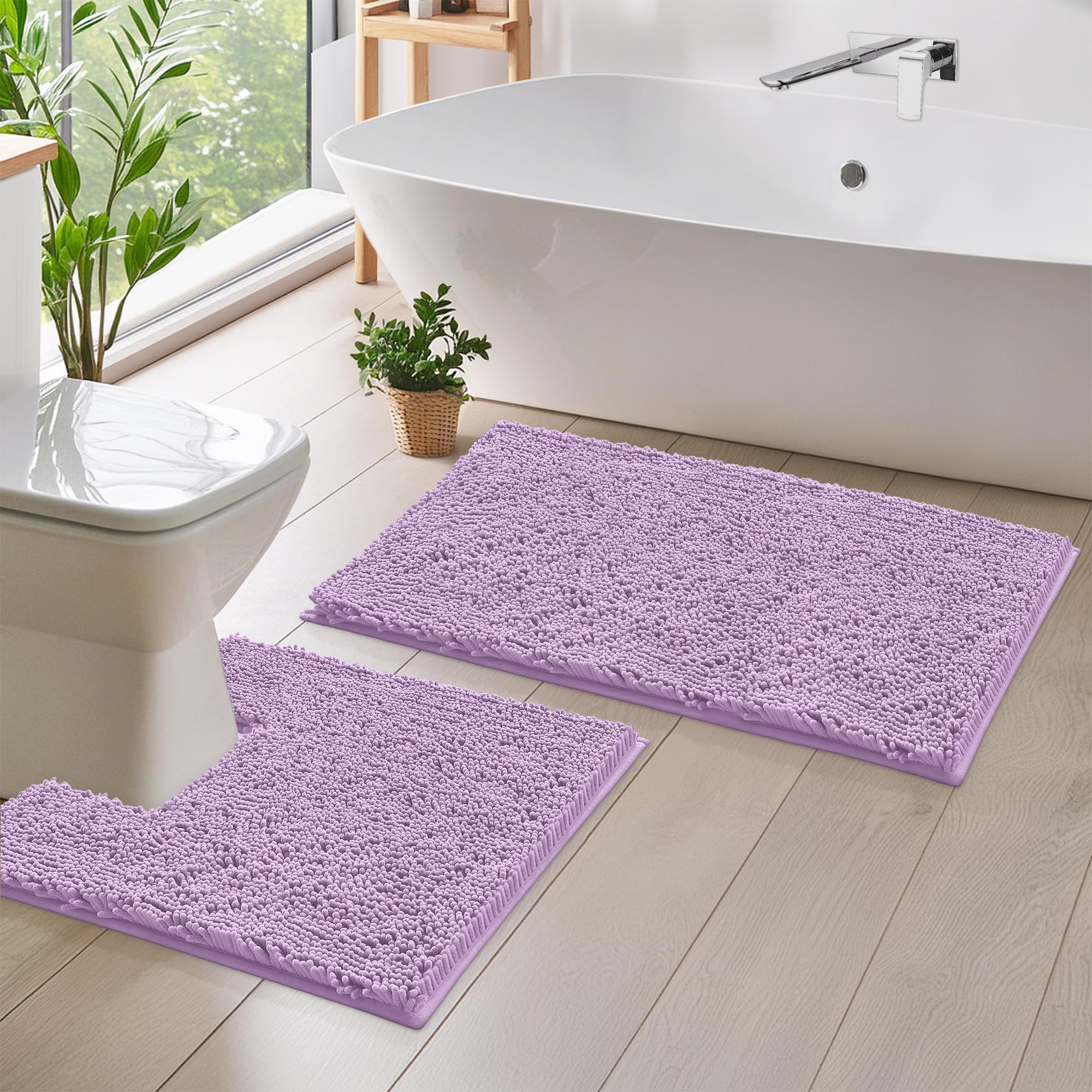 Luxurious Lavender Bath Mat Set: 2-Piece Chenille Rugs with Soft Plushness, Anti-Slip Design, U-Shaped Toilet Mat. 1'' Microfiber Shaggy Carpet. Machine Washable, Curved Set Square