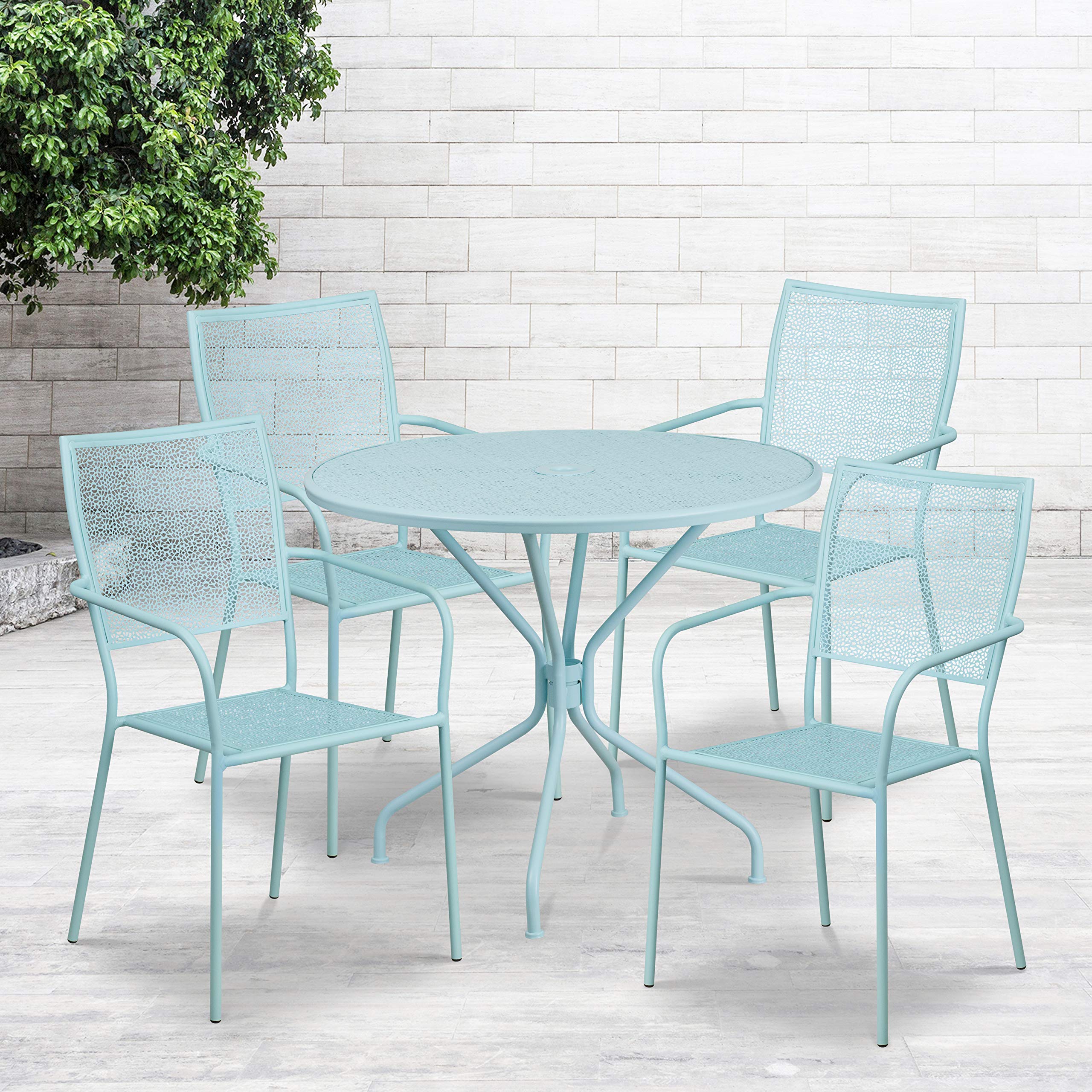 EMMA + OLIVER Commercial Grade 35.25" Round Sky Blue Patio Table Set-4 Square Back Chairs