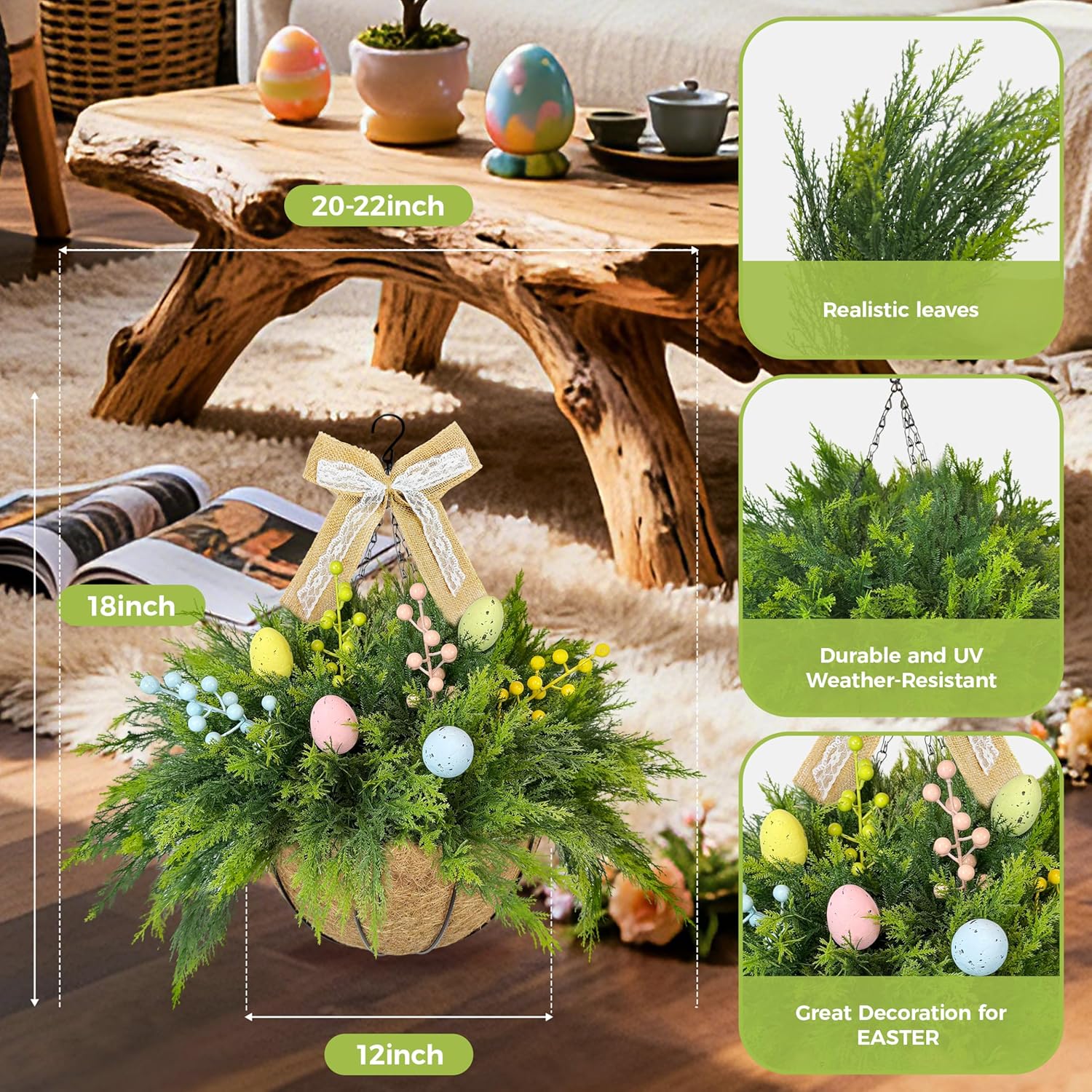 Set of 2 Easter Artificial Hanging Plant Flower Baskets, Fake Planter Hanging with 24 Pcs Cypress Leaves, Faux Ferns with Easter Eggs & Berries for Outdoor Spring Decor Porch, Garden, Patio