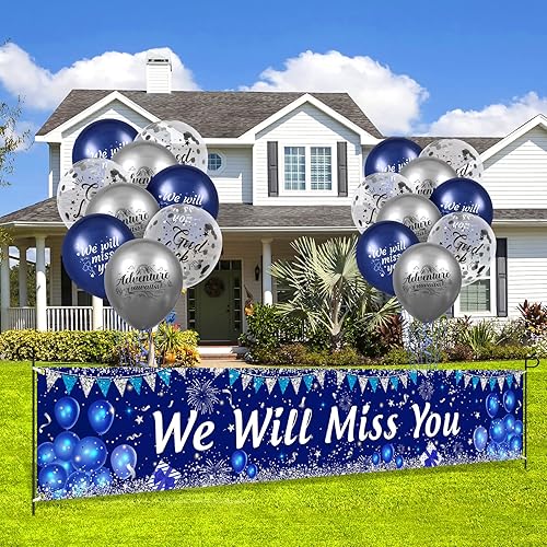 Miniatura 6 de Decoraciones de fiesta con texto en inglés We Will Miss You, color azul marino y plateado con texto en inglés We Will Miss You, 18 globos de buena