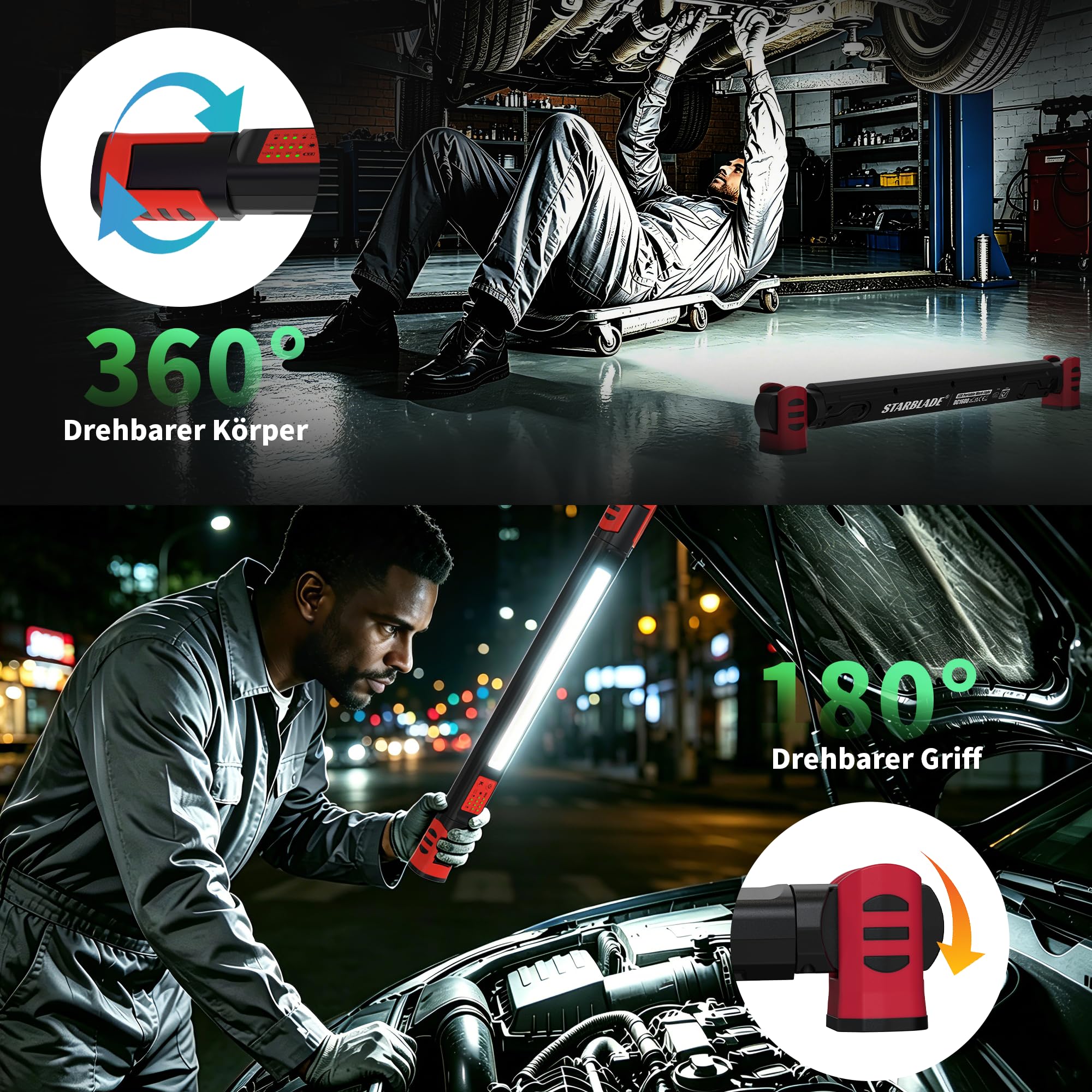STARBLADE LED Werkstattlampe, Akku Arbeitsleuchte mit Magnet (Red) | IP65/IK07 Wiederaufladbare USB-C Magnetlampe, 7800mAh Motorraumleuchte & Haken für KFZ Auto-Reparatur, Werkstatt, Camping