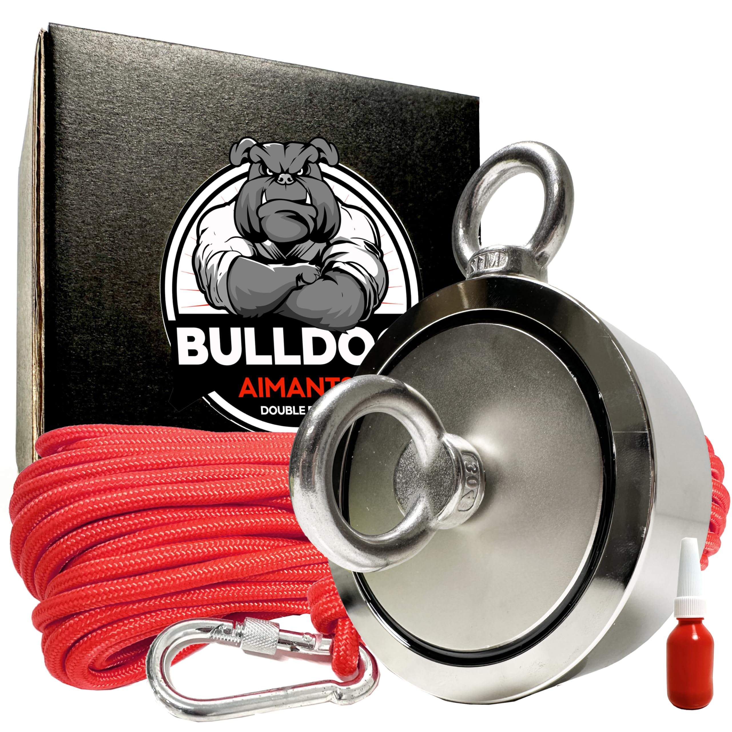 AIMANT NÉODYME BULLDOG DOUBLE FACE 1100KG + CORDE RENFORCÉE 30M (8MM) + COLLE - Aimant Pêche Puissant - Pêche Magnétique