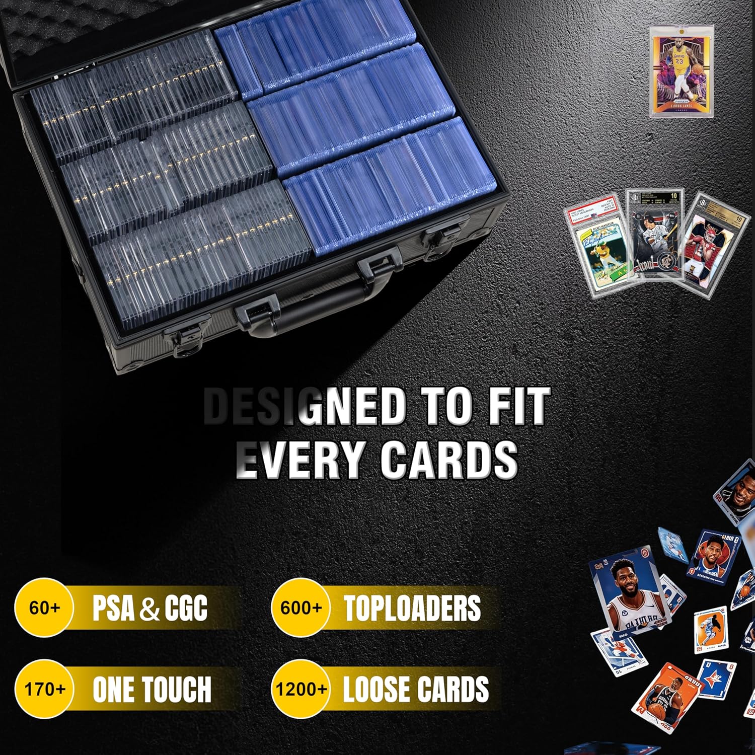 Toploader Storage Box for 3x4 35pt Rigid Cards, Top Loader Cards – Holds 600+ Top Loaders - Aluminum Alloy Trading Card Case, Sports Card Storage Box with Lock (Large Black)