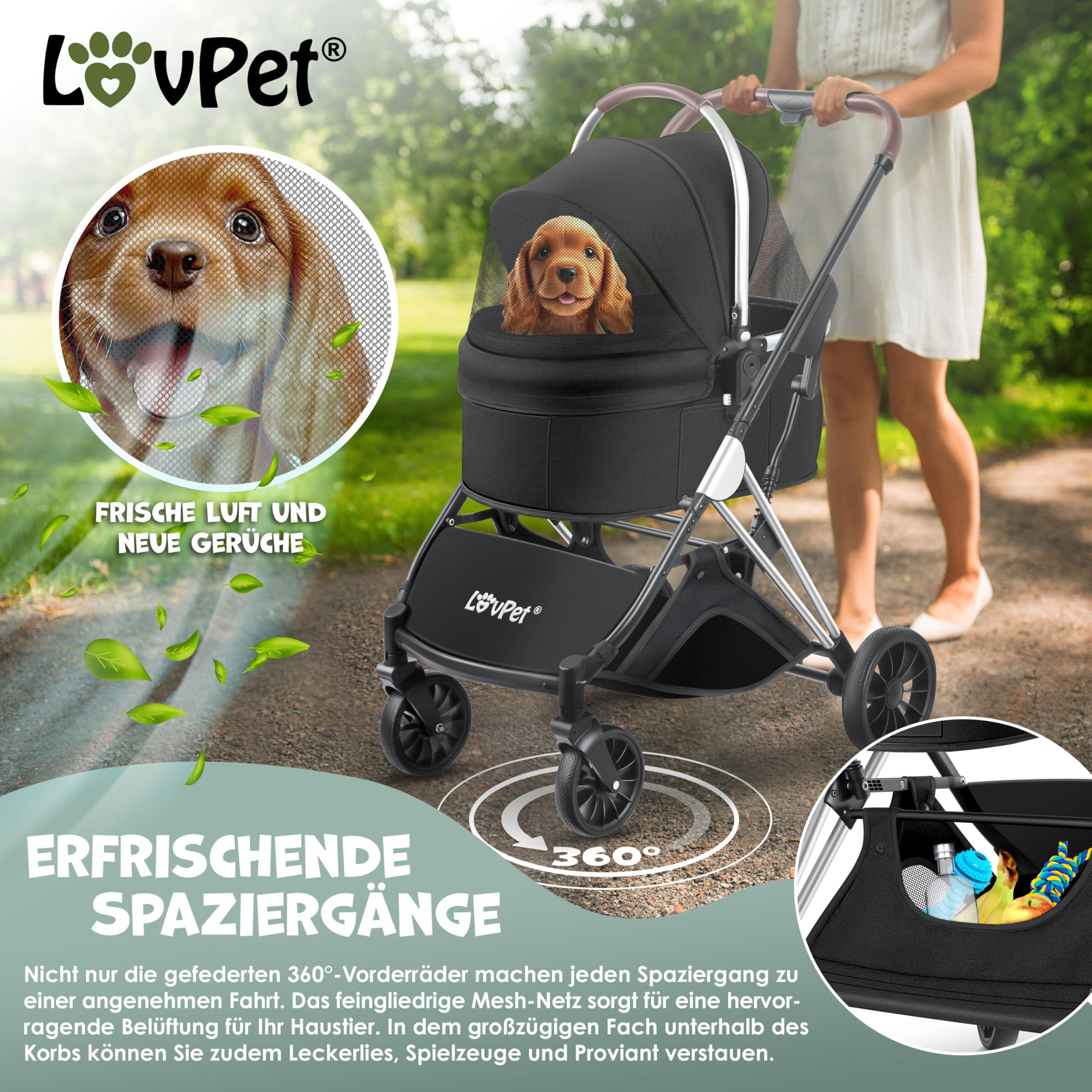 LOVPET® Passeggino per cani 3 in 1, borsa per il trasporto per cani di piccola taglia, pieghevole a 360°, con finestre a rete e copertura antipioggia, per cani di piccola taglia e gatti