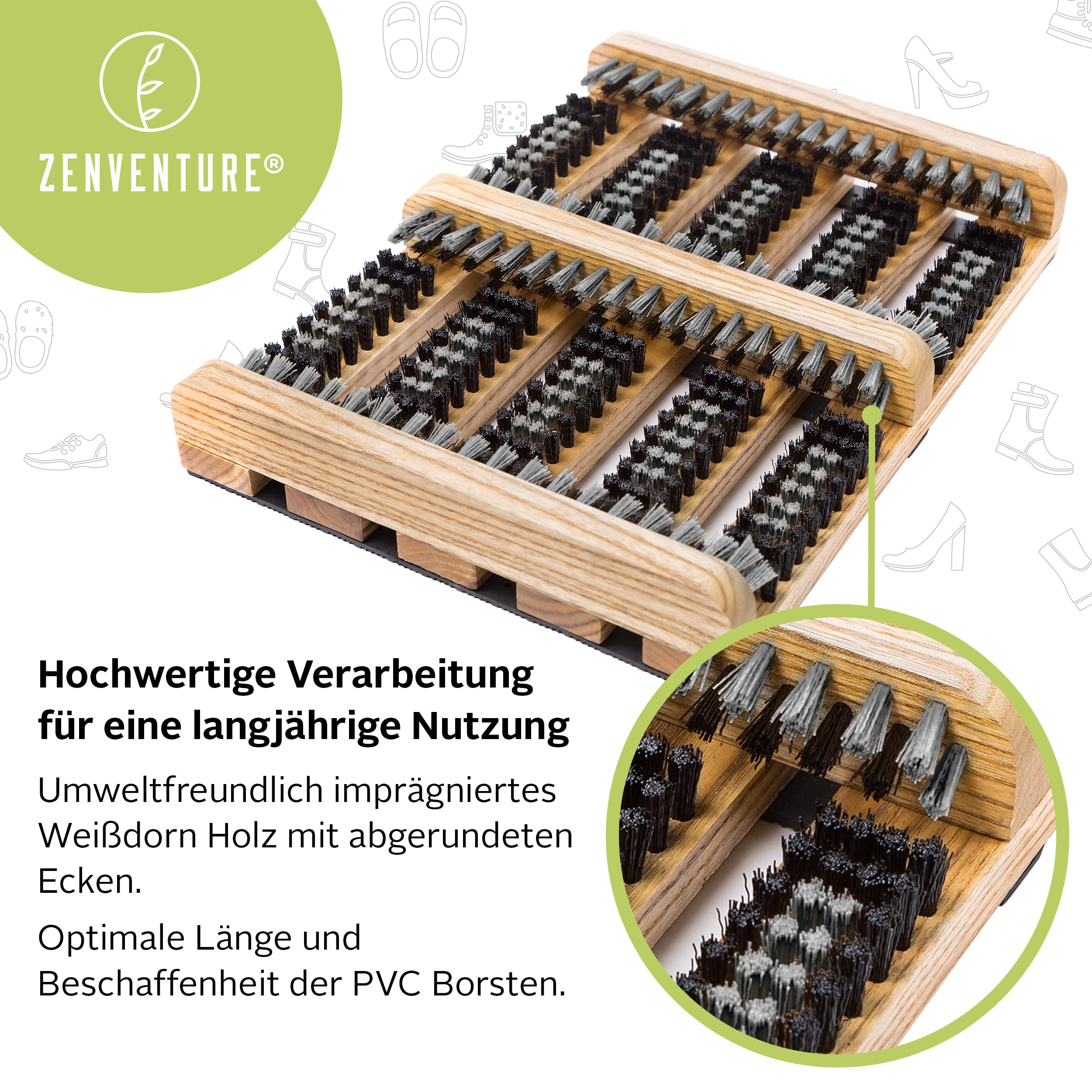 Schuhabstreifer für aussen & innen - Aus langlebigem Weißdorn-Holz & mit Antirutsch-Profil [36 x 27 x 5 cm] - Schuhbürste für zu Hause und unterwegs (Beige) | Shoe Cleaner