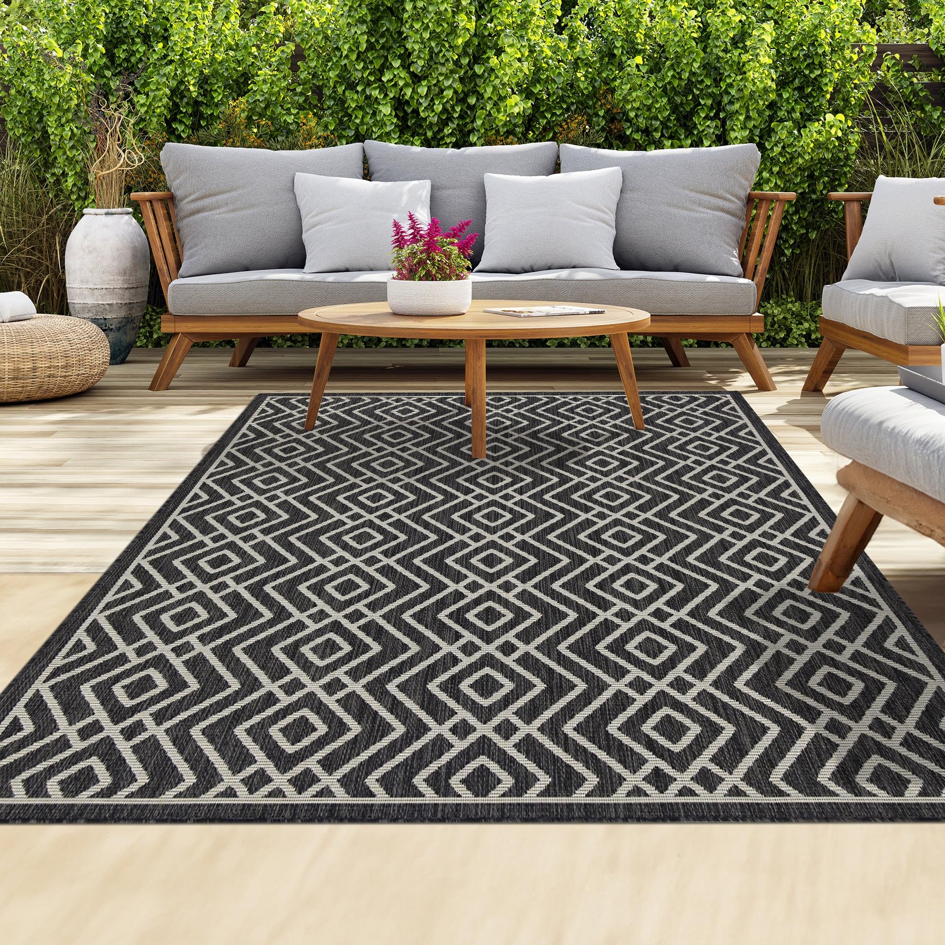 HomeArt Outdoor Rugs | Easy-Cleaning Indoor & Outdoor Area Rugs for Porch, Deck, Balcony, Garden, Picnic, Kitchen, Hallway | UV & Weather-Resistant Large Patio Rug Mats | Anthracite Cream 200 x 290 cm — view 141