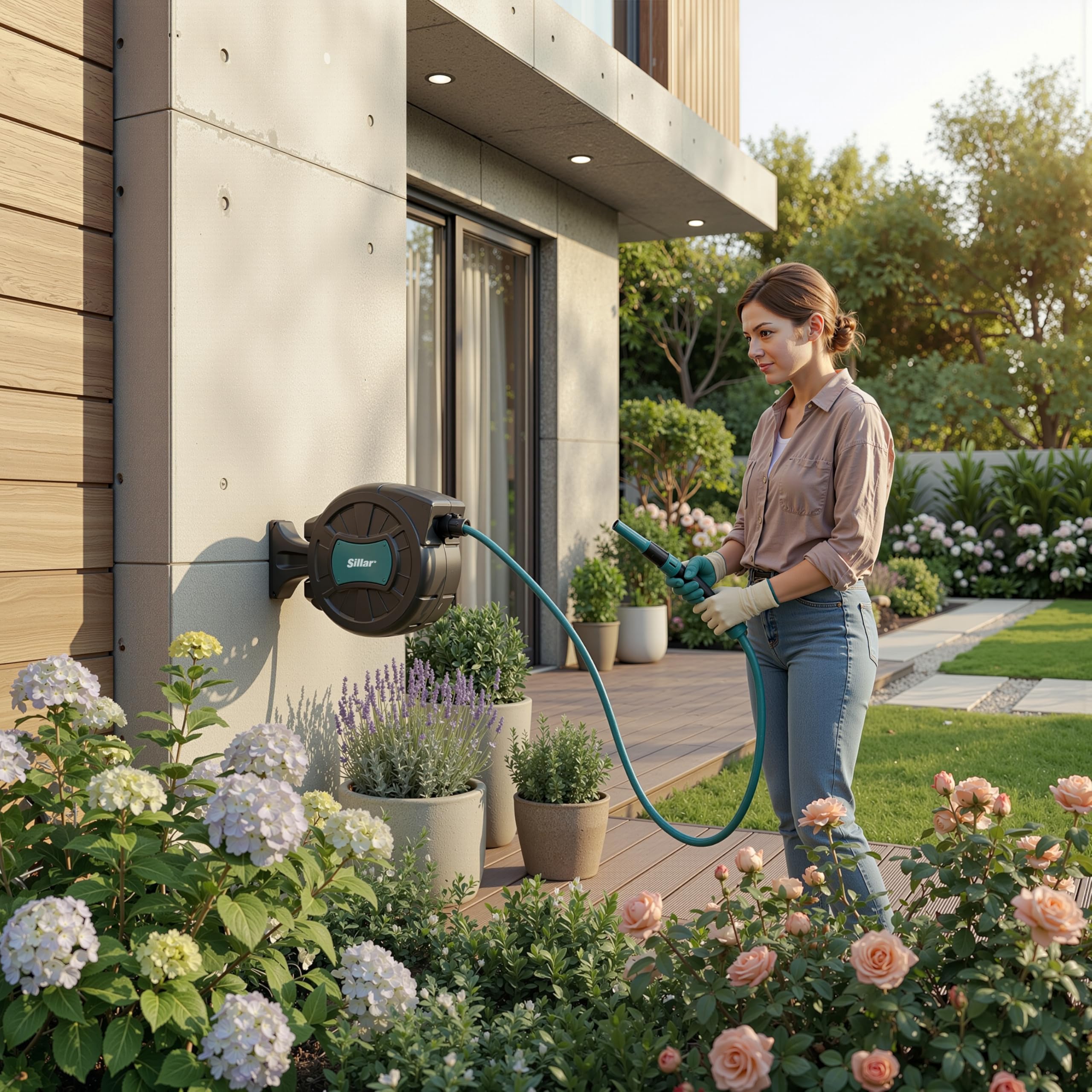 Sillar Avvolgitubo da Giardino 30 Metri da Parete, Avvolgitubo Acqua Automatico con Tubo da Giardino 1/2 Pollice, Rotazione 180°, Pistola Irrigazione 7 Funzioni, Lancia e Kit di Montaggio Inclusi