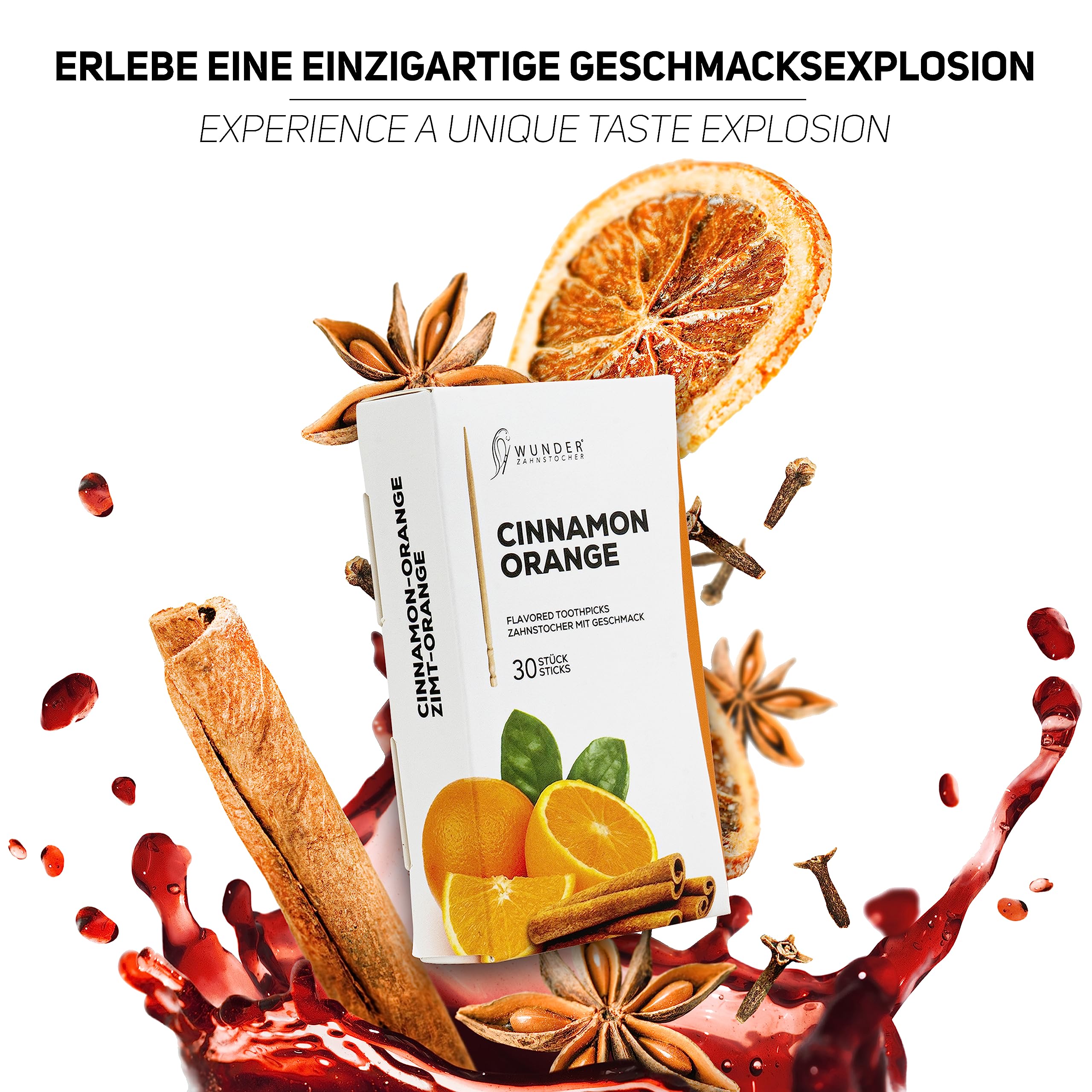 Wunder palillos de dientes con sabor - 30x palillos de dientes empaquetados individualmente - Aliento fresco - Palillos de dientes individuales con sabor (cinnamon-orange)